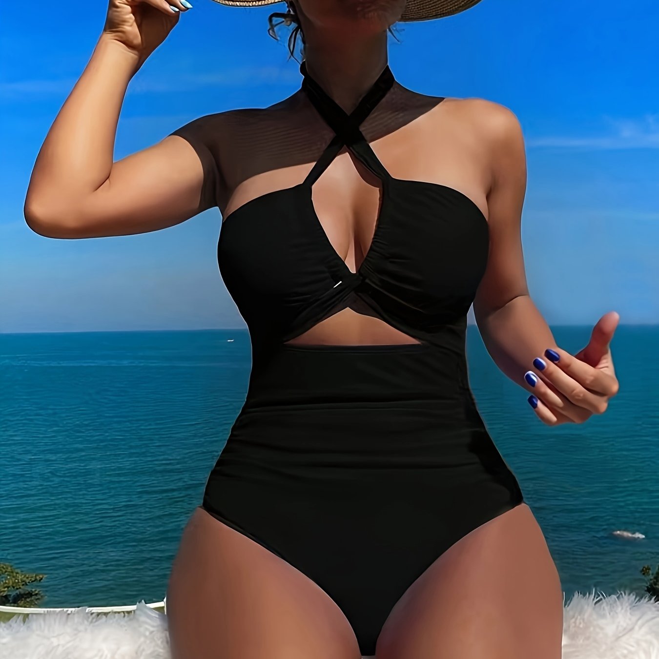 Elegant Black Halter One-Piece Swimsuit for Women - Sexy Backless Design with Removable Pads, High Waist, Tummy Control, Nylon/Elastane Blend