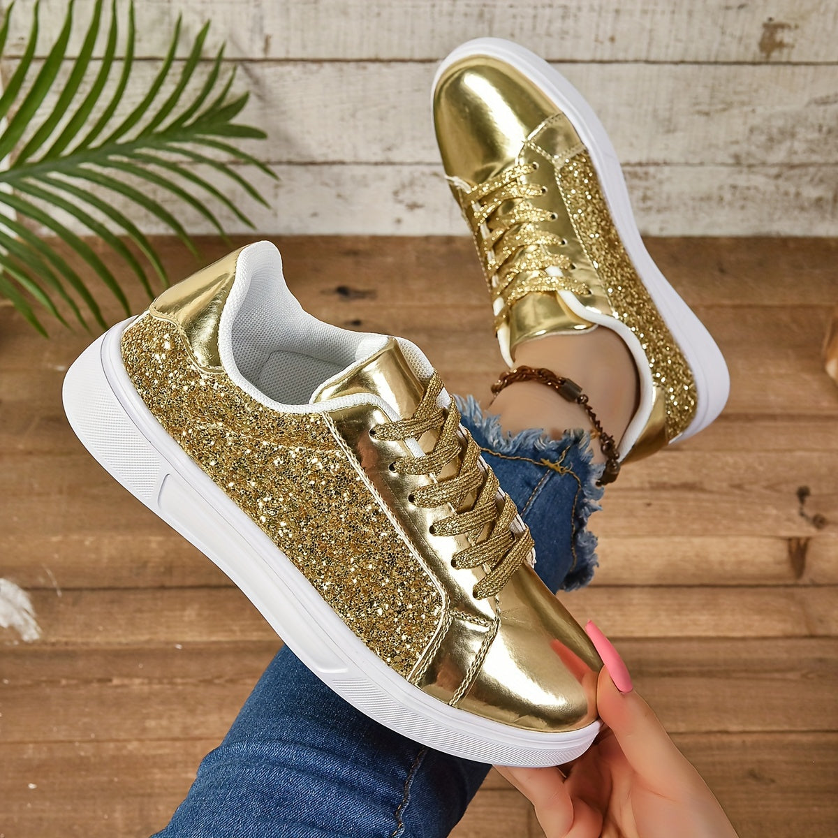 Vibrant Sparkly Sequins Low Top Sneakers - Comfortable Lace-Up Fabric Insole EVA Sole Microfiber Shoes for Everyday Casual Walking and Fashion Wear