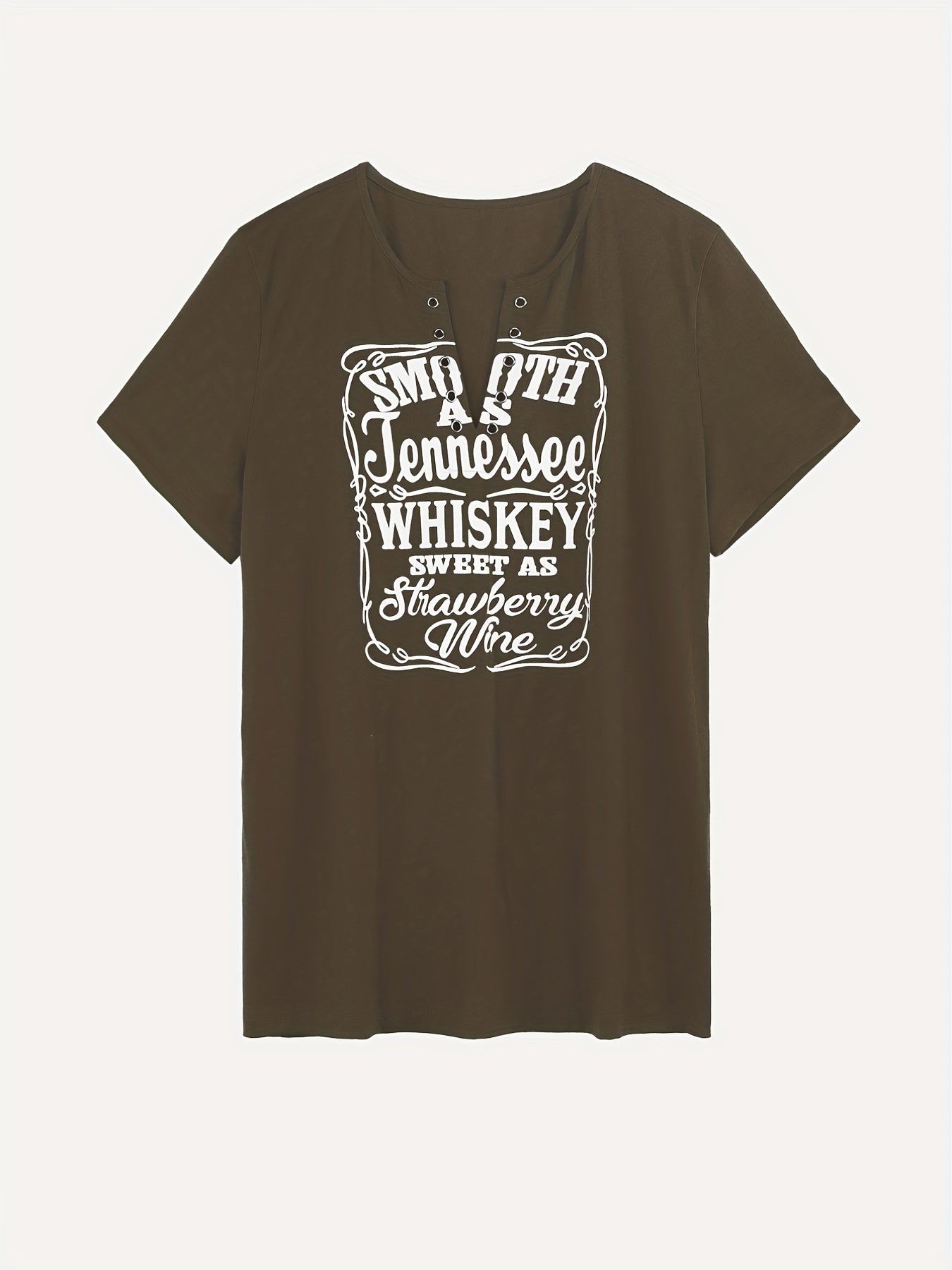 Plus Size Women's Relaxed Fit V Neck Casual T-Shirt - Soft Slight Stretch Fabric, Short Sleeve, Grommet Detail, Slogan Print, Comfortable and Breathable - Perfect for Everyday Wear