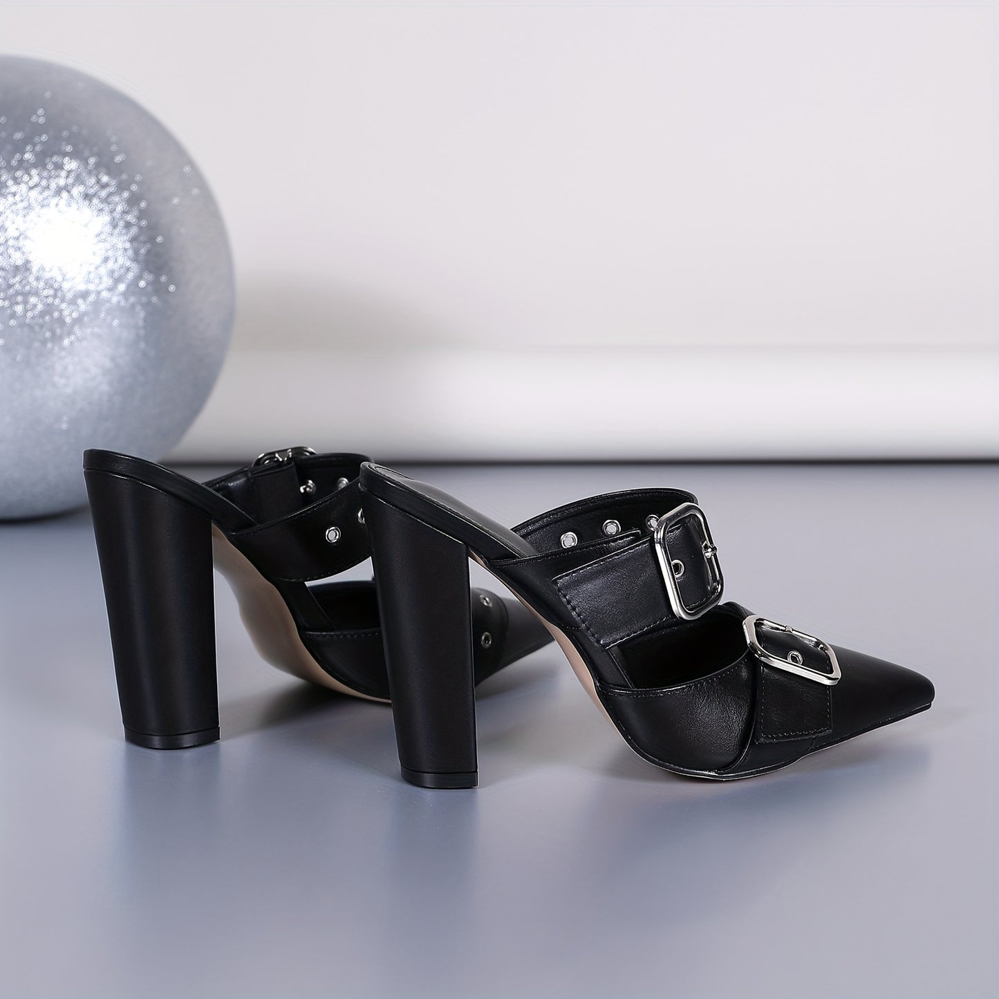 Elegant Women's Pointed Toe Mules with Chunky Heels & Rivet Embellishments - Easy Slip-On, Buckle Accent Dress Shoes for Chic Party Wear