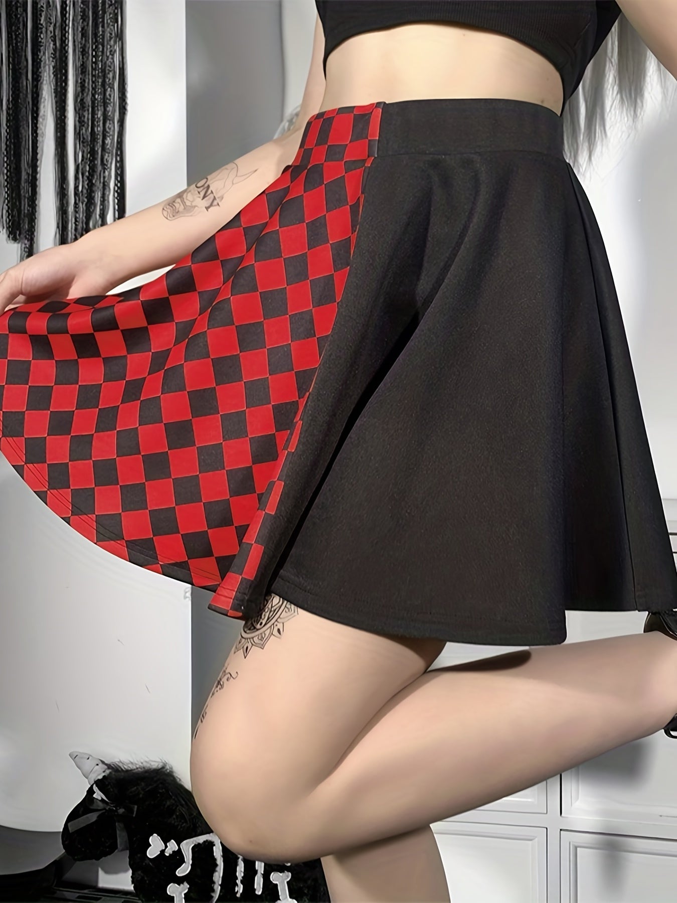 Chessboard Print Splicing Skirt, Gothic Ruched Punk Mini Skirt Without Belt, Women's Clothing