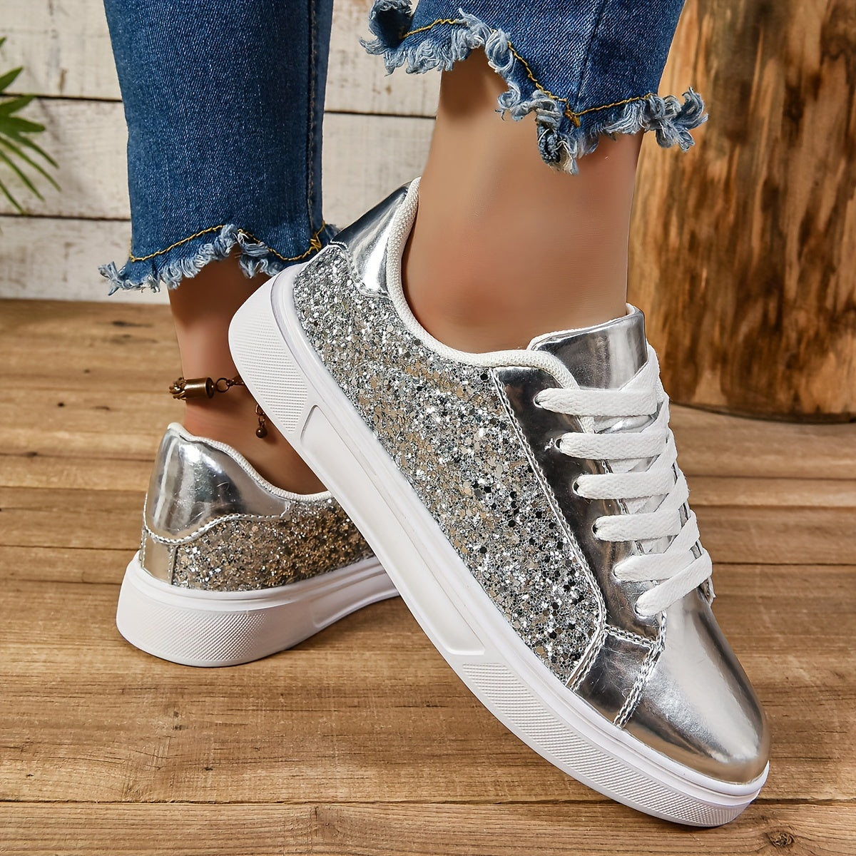Vibrant Sparkly Sequins Low Top Sneakers - Comfortable Lace-Up Fabric Insole EVA Sole Microfiber Shoes for Everyday Casual Walking and Fashion Wear