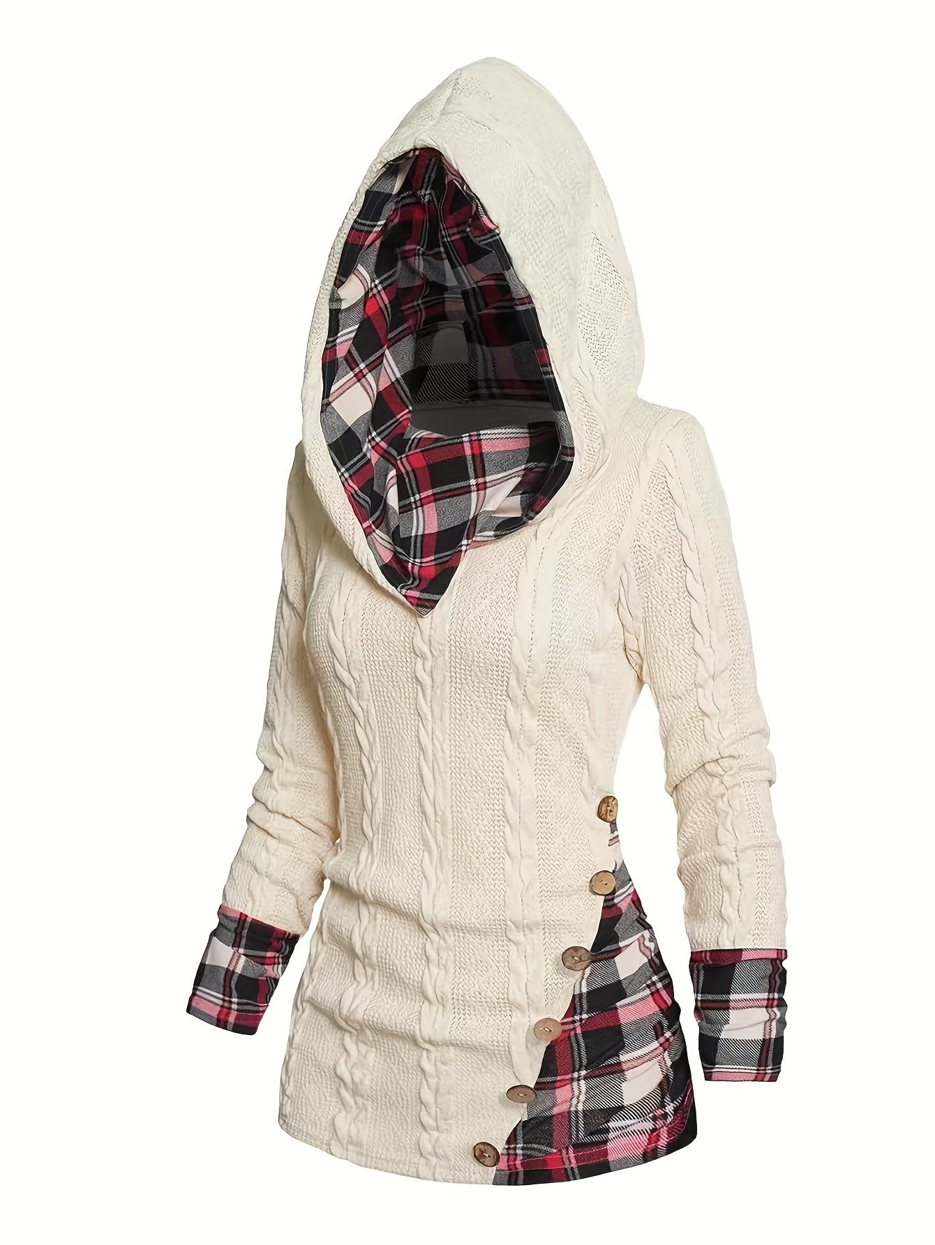 Plus Size Womens Cozy Hooded Gingham Plaid Print Cable Knit Long Sleeve Top