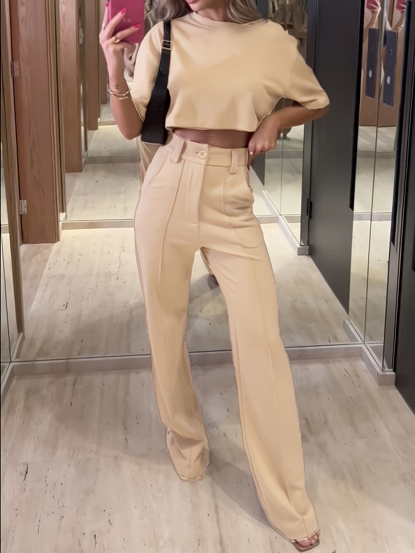 Two-Piece Solid Color Jacket and High Waist Straight Pants Set