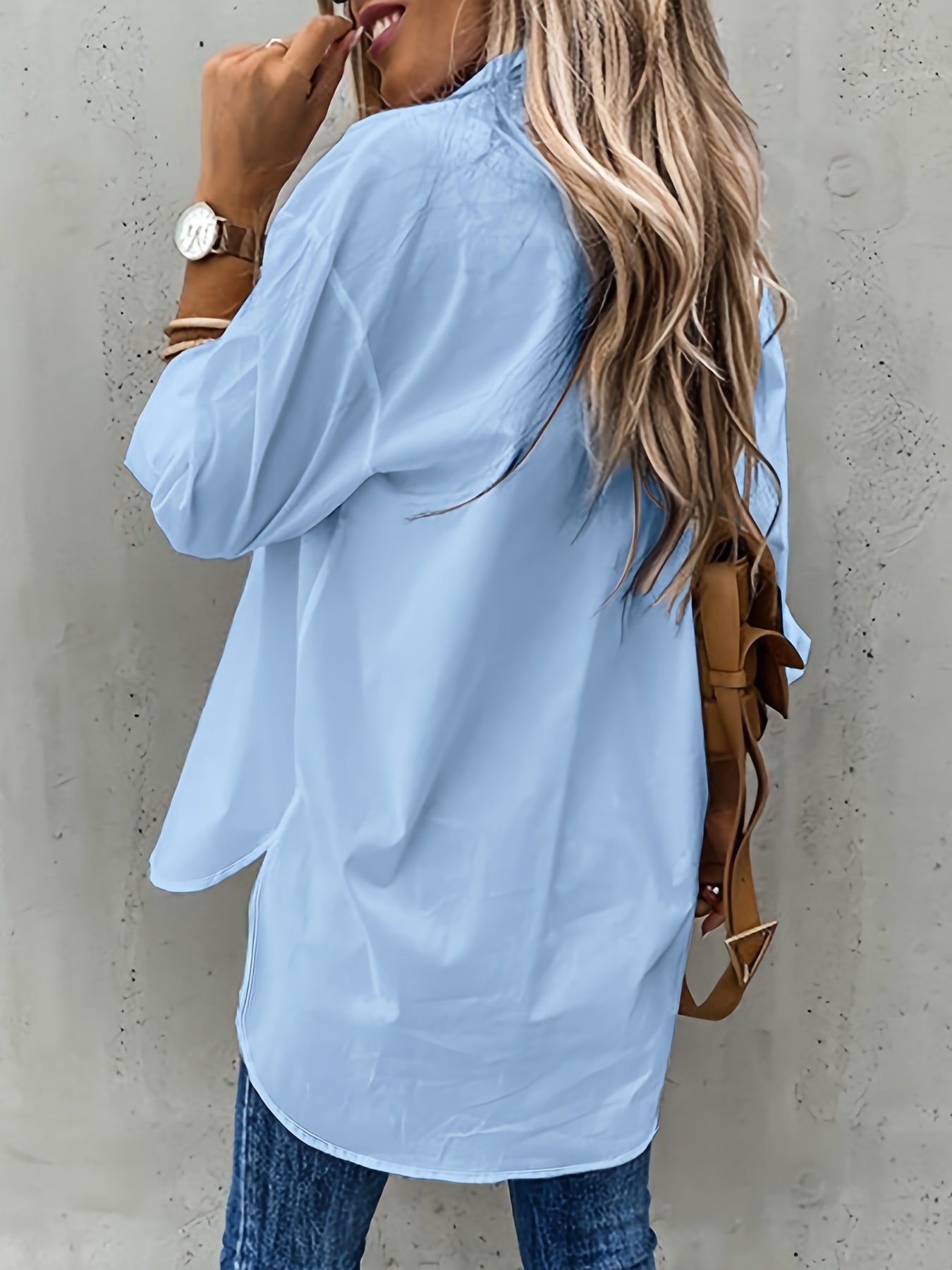 Camisa de mujer con cuello de solapa y manga larga, tejido de poliéster microelástico suave, semitransparente, detalle de bolsillo, ropa informal para todas las estaciones para la oficina y la vida diaria