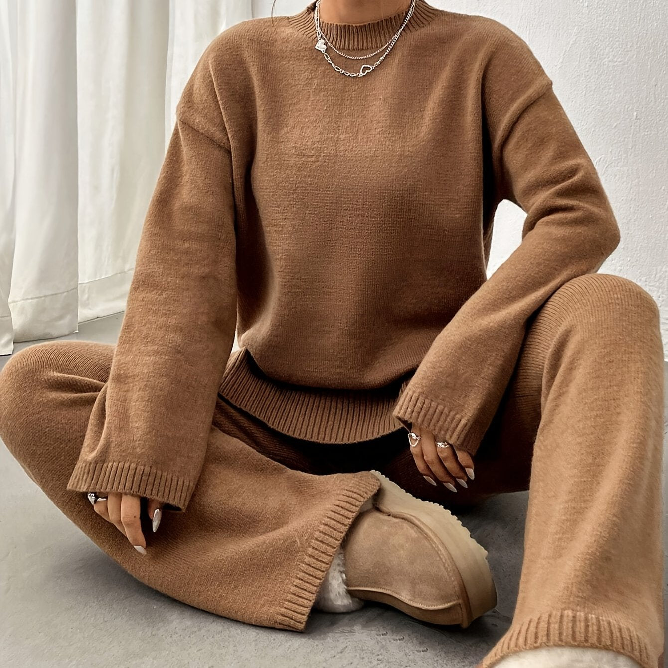 Solid Ribbed Casual Knitted Pantsuits, Crew Neck Drop Shoulder Long Sleeve Sweater & Straight Leg Pants Outfits, Women's Clothing