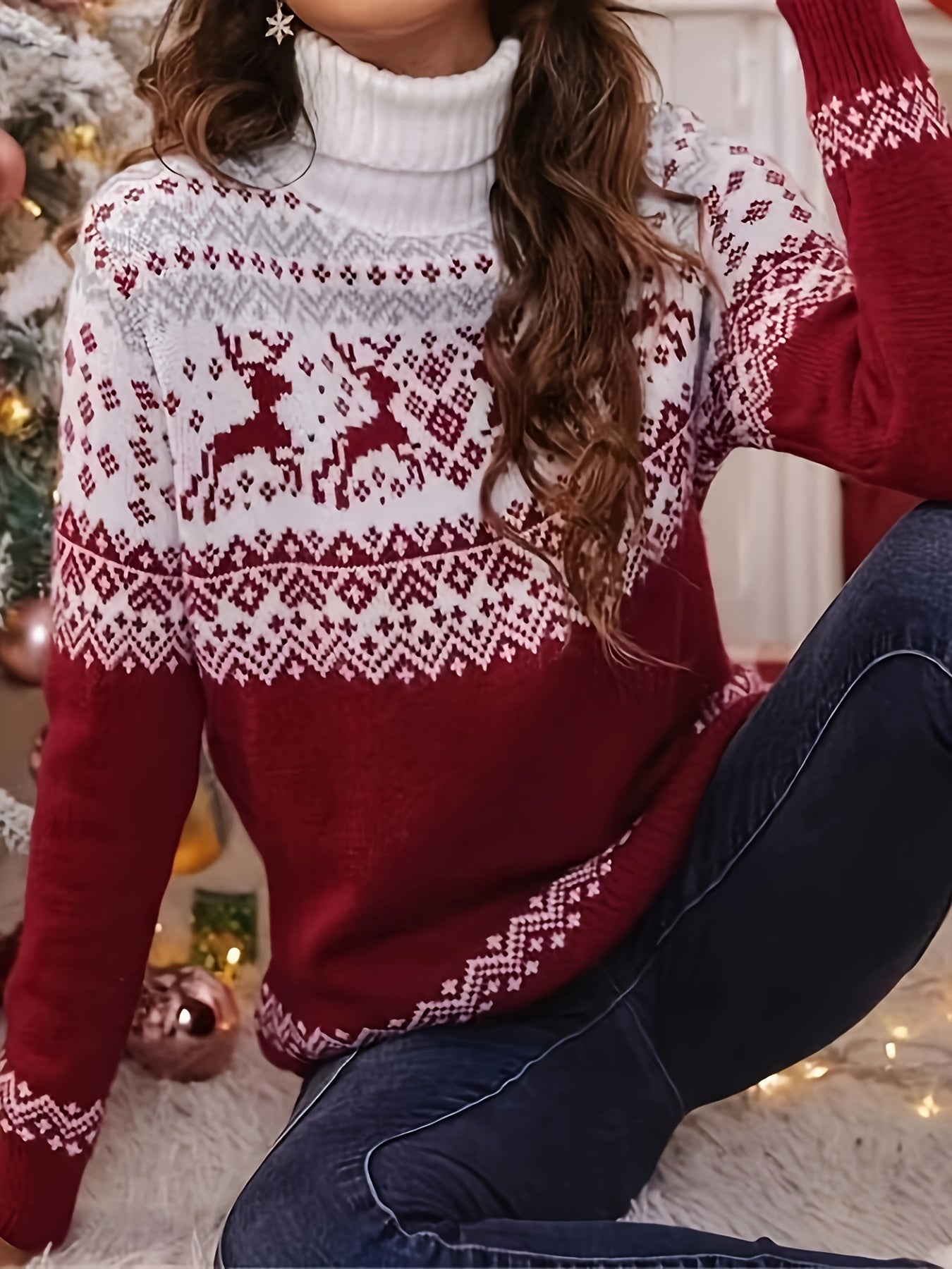Cozy Christmas Deer Print Sweater - Vibrant Holiday Design, Ultra-Casual Long Sleeve Turtle Neck for Women - Perfect for Fall and Winter Seasons, Womens Clothing