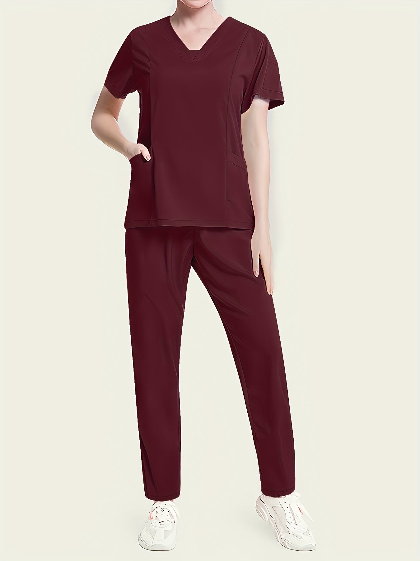 Conjunto médico de dos piezas con cuello en V, manga corta y pantalones elásticos, cómodo y de ajuste cómodo para mujeres | Uniformes médicos duraderos y de fácil cuidado para profesionales de la salud
