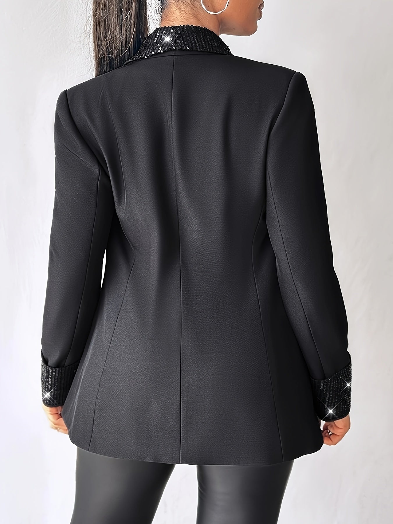 Elegant Sequin Shawl Collar Blazer Jacket, Long Sleeve Regular Fit, All-Season Woven Outerwear with Contrast Detail