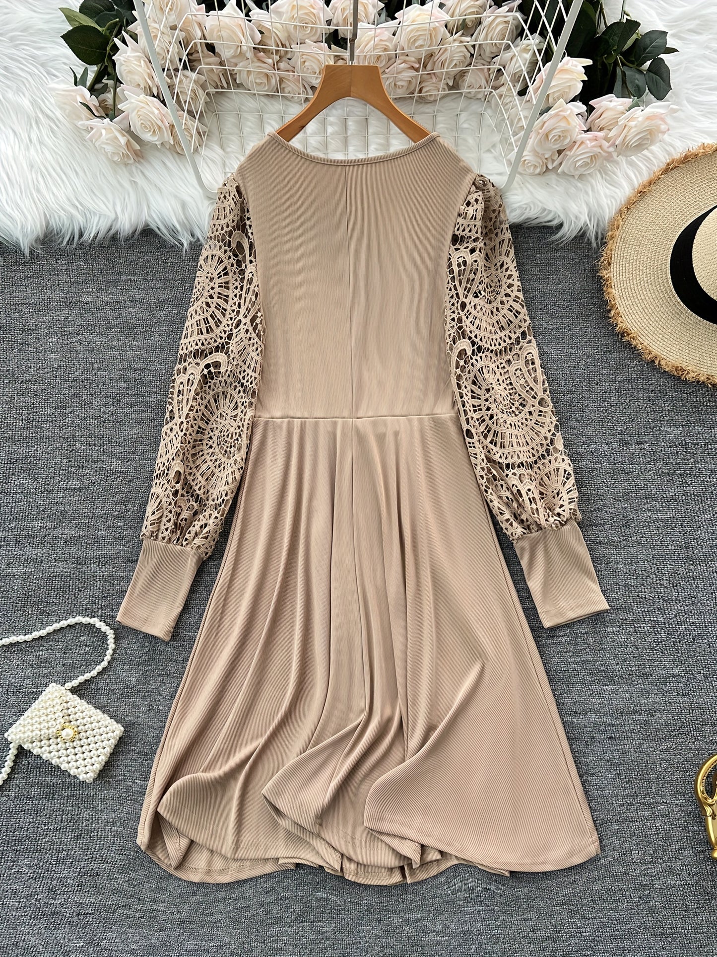 Vestido de fiesta con cuello redondo, manga larga, encaje acanalado, costuras laterales, talla grande, estilo vacaciones para primavera y otoño: ropa cómoda para mujeres con curvas