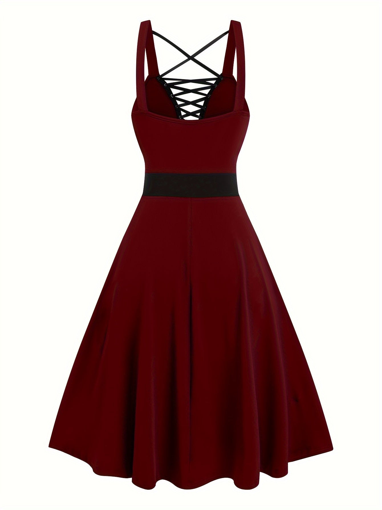 Elegante vestido de talla grande de inspiración gótica con detalle de cordones, escote en V profundo y diseño en forma de A con cintura alta: perfecto para primavera/verano