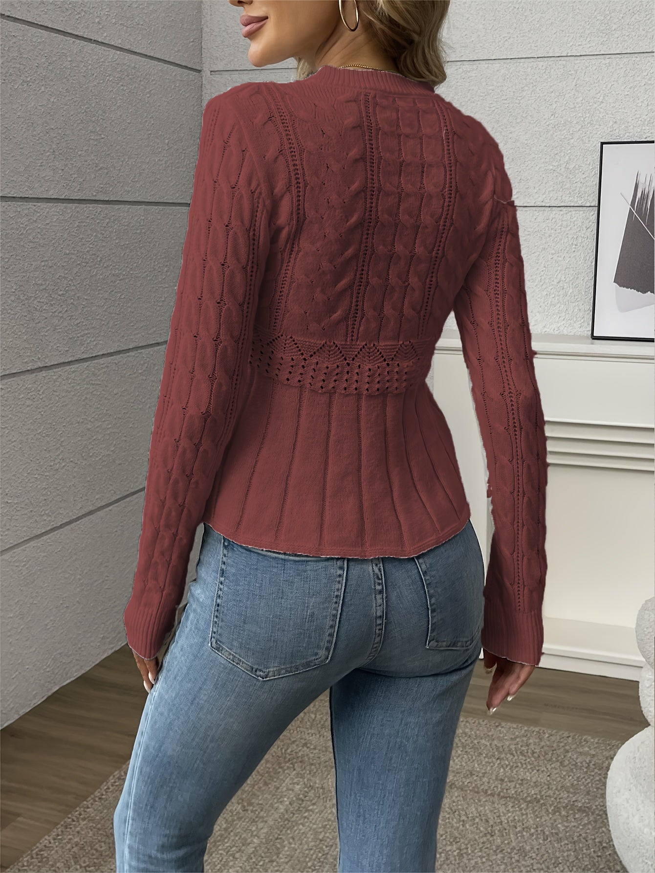 Solid Pointelle Waist Cable Knit Sweater, Elegant Long Sleeve Crew Neck Cozy Knitted Sweater, Women's Clothing