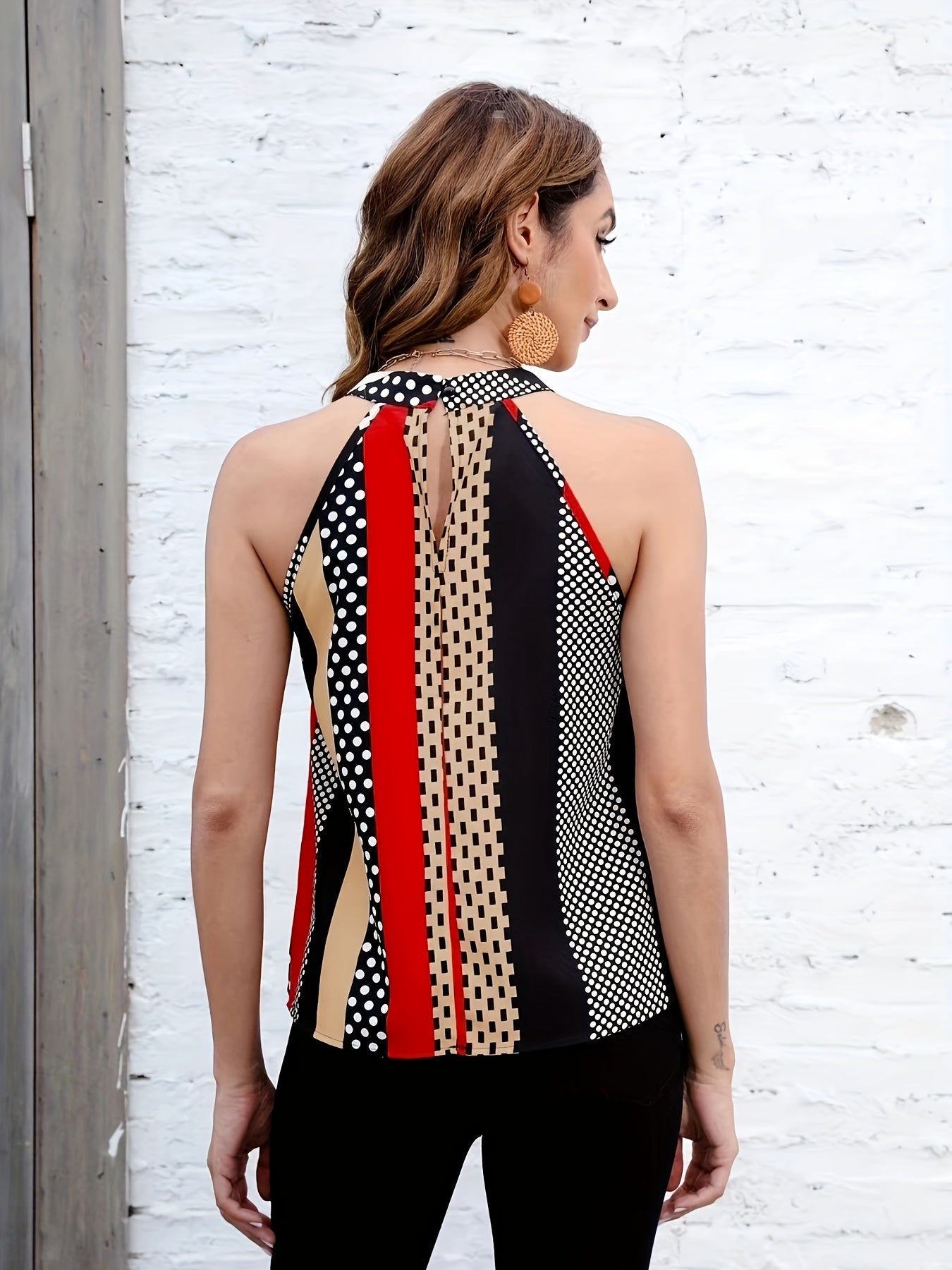 Blusa sin mangas con estampado de rayas, elegante blusa con escote en forma de cerradura para primavera y verano, ropa de mujer