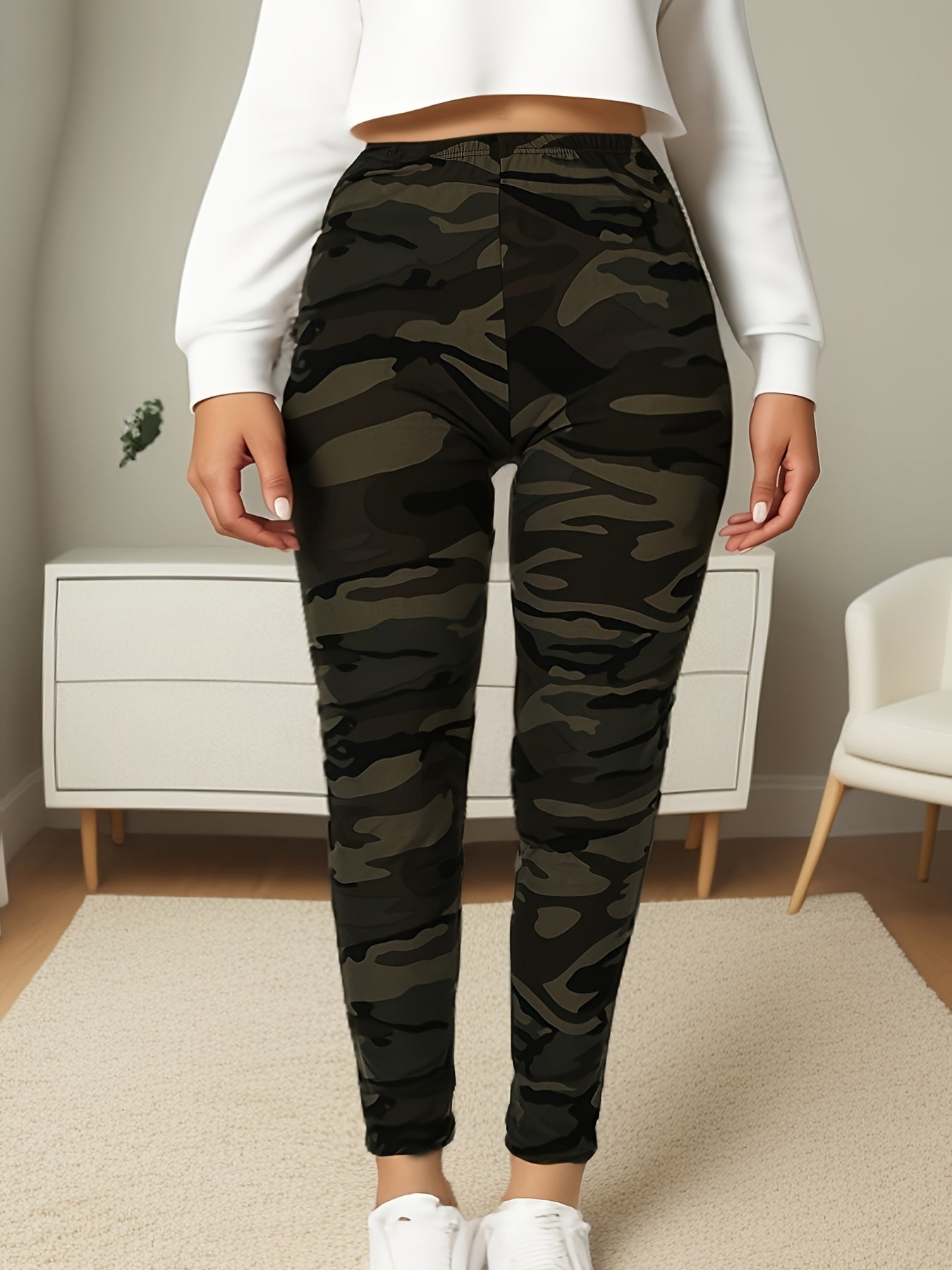 Plus Size Camouflage Print Skinny Leggings, Casual High Waist Every Day Stretchy Leggings, Women's Plus Size Clothing