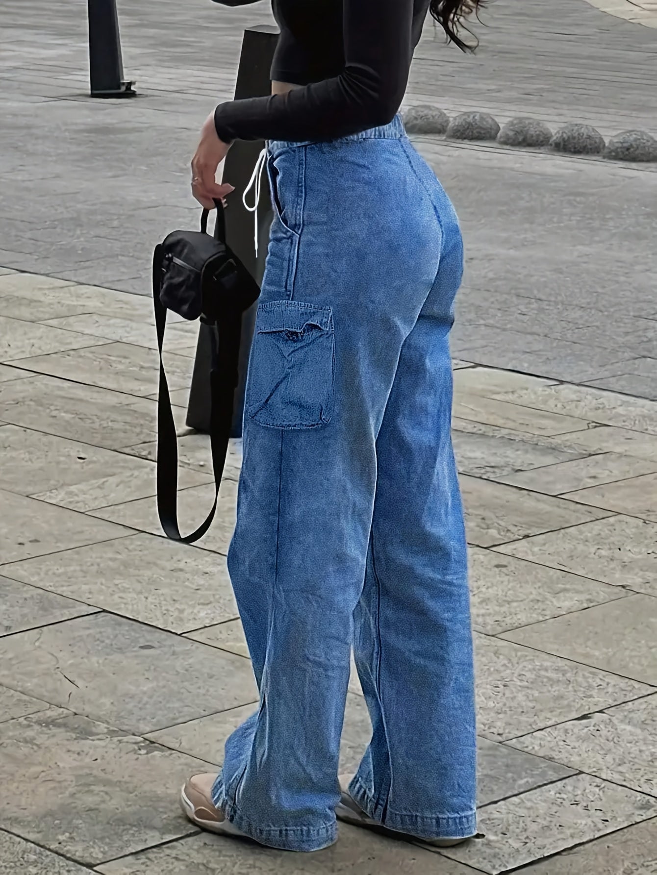 Waist Drawstring Women'S Loose Denim Straight Leg Pants, Mid Waistband Pocket, Comfortable And Versatile
