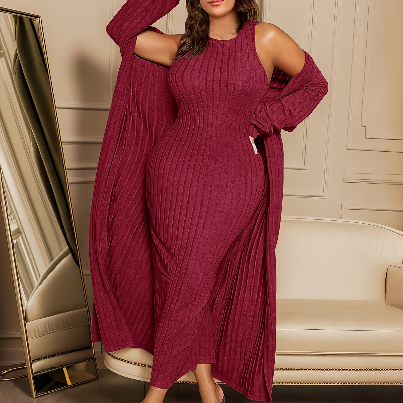 Large Ribbed Two-piece Set, Long Sleeved Cardigan And Sleeveless Formal Attire, Women's Curve Clothing