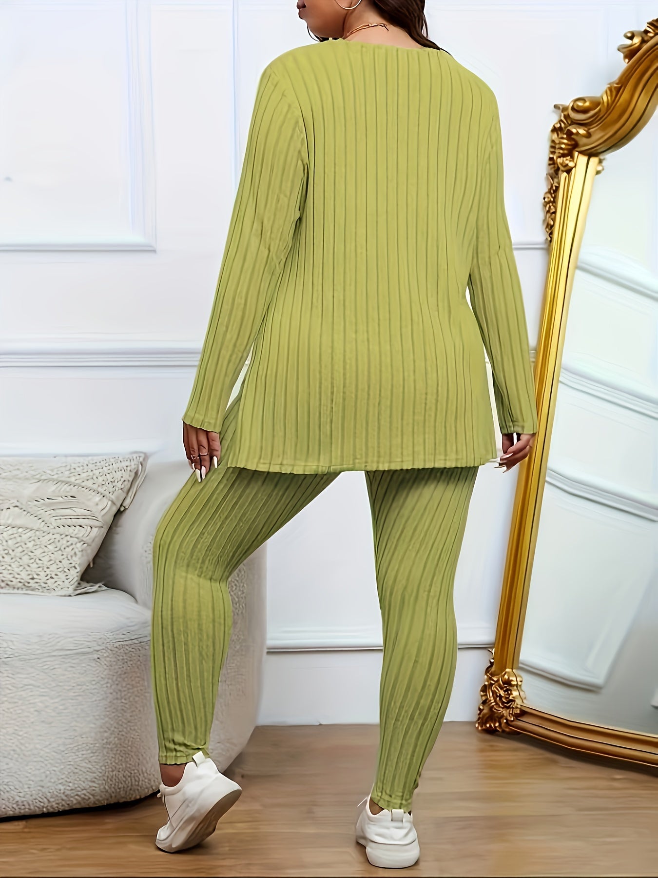 Plus Size Solid Ribbed Two-Piece Set - Soft Crew Neck Long Sleeve Split Top & Comfortable Pants Outfit