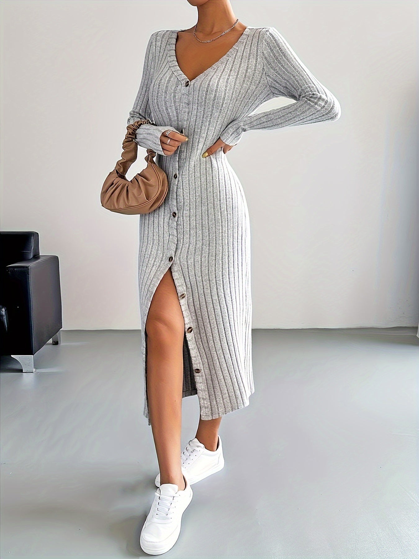 Ribbed Button Front Dress, Casual Long Sleeve V Neck Dress, Women's Clothing