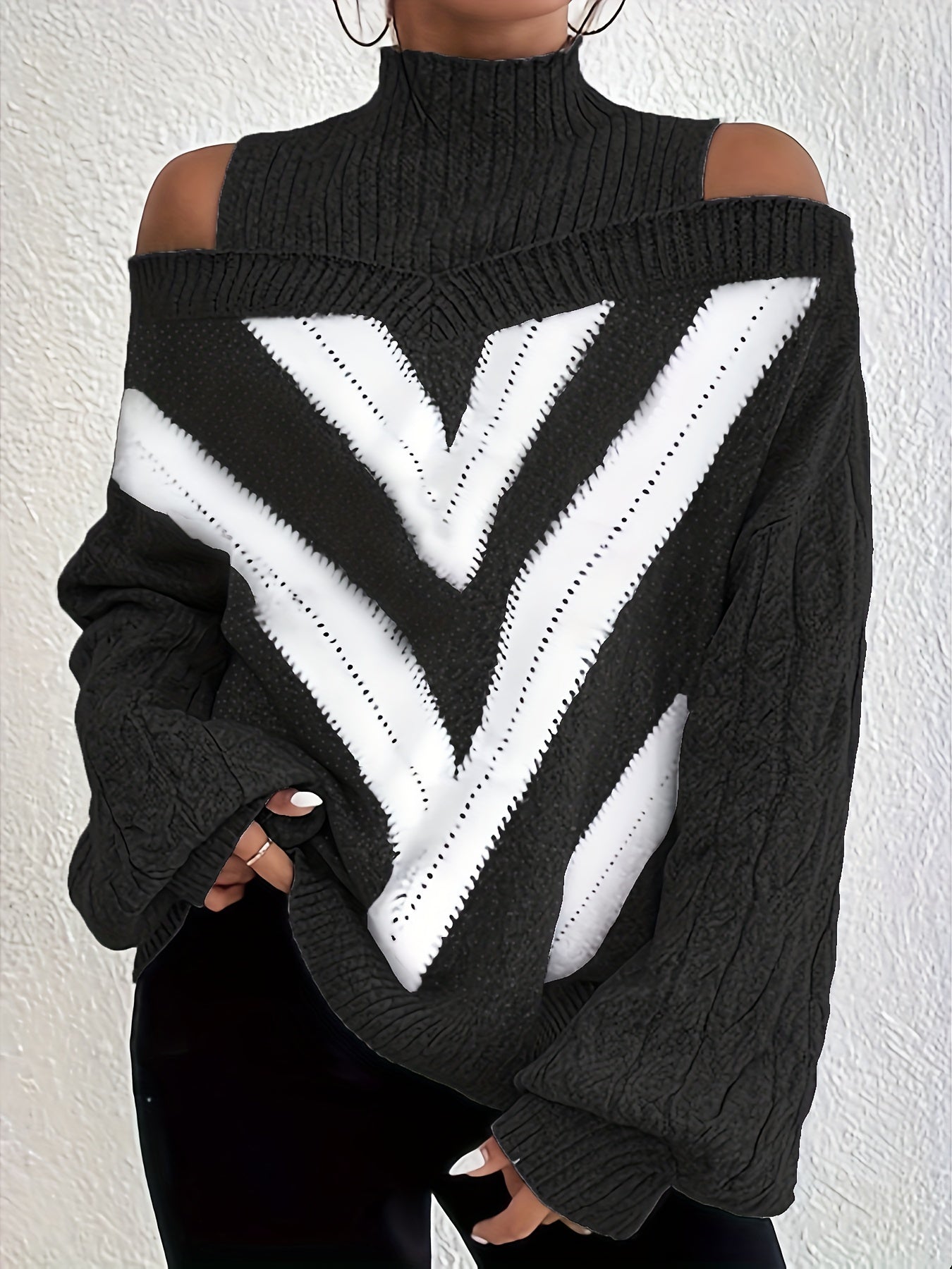 Suéter de cuello alto con estampado geométrico para mujer, talla grande, hombros descubiertos, manga larga, ligeramente elástico