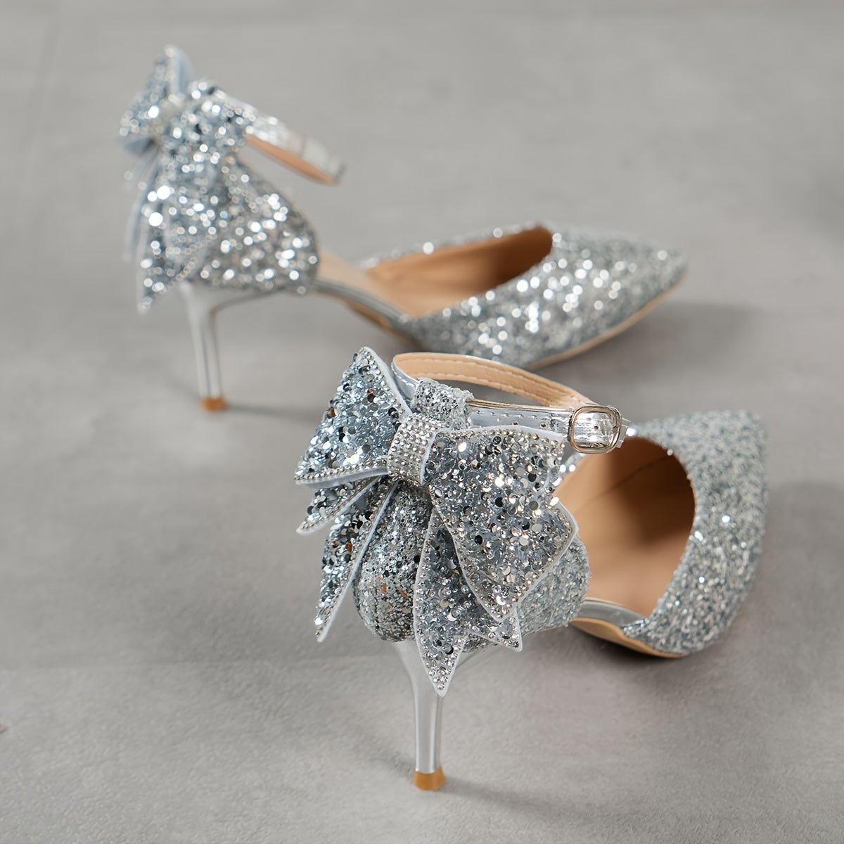 Vibrant Solid Color Glitter Sandals - Elegant Bowknot Strappy Design, Dazzling Sequins Embellishments, Stiletto High Heels, Sleek Point Toe Style, Ultra-Glamorous and Dressy - Designed Exclusively for Women, Perfect for Forma