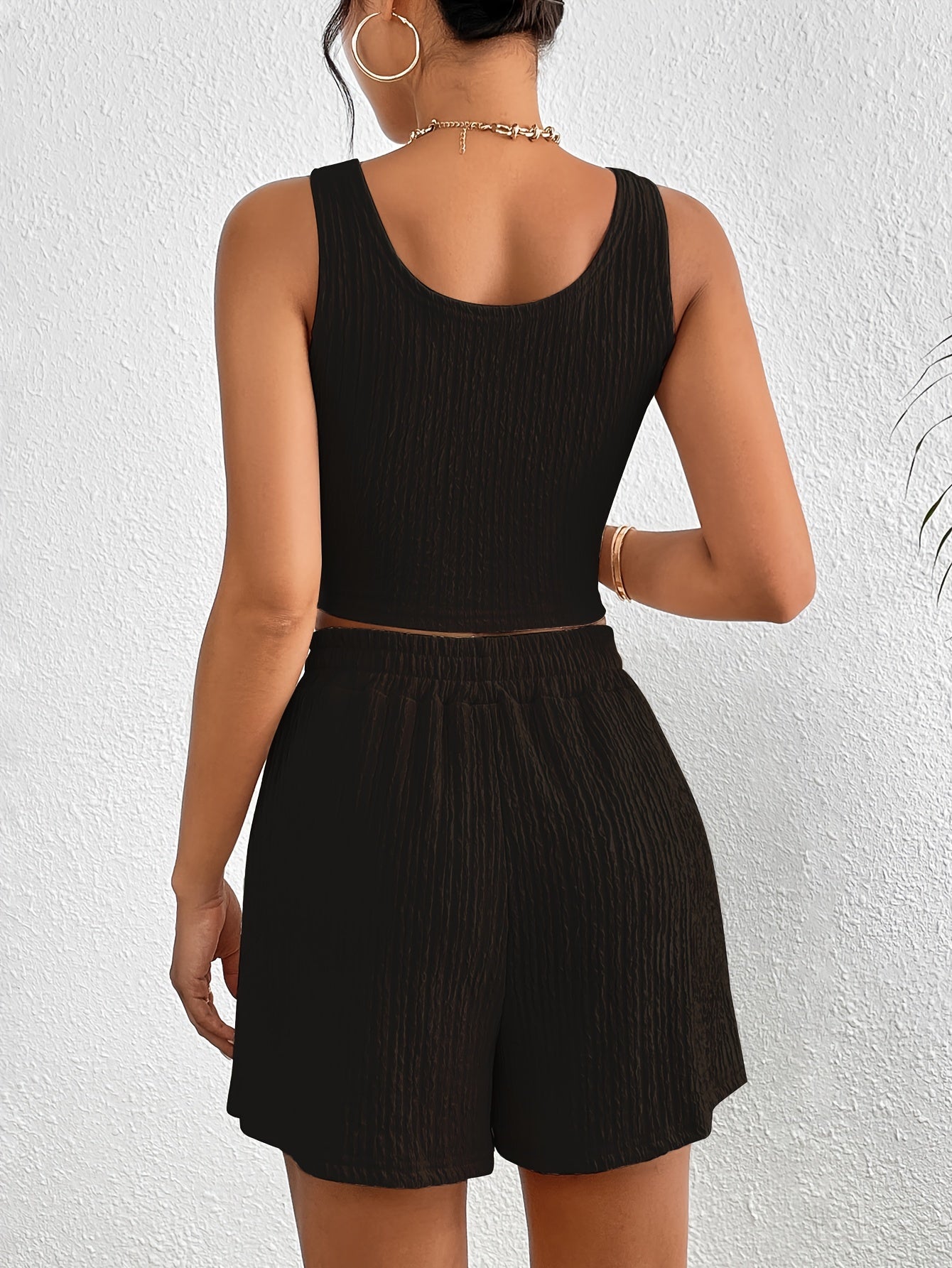 Solid Color Casual Shorts Set, Crop Tank Top & Elastic Waist Shorts Outfit