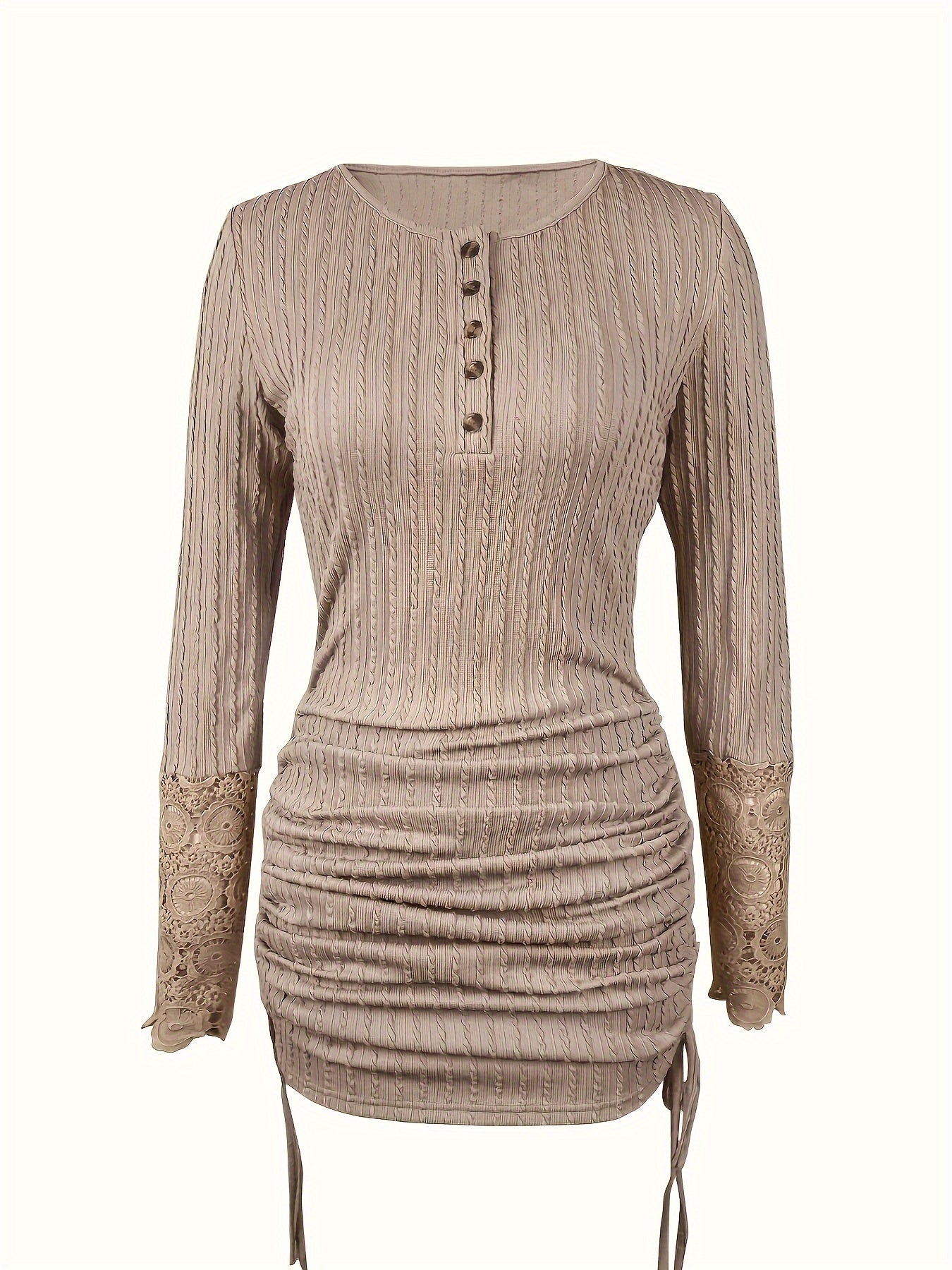 Exquisite Contrast Lace Ruched Dress - Adjustable Drawstring Waist, Classic Button Front Closure - Timeless Elegant Design for Womens Fashion Clothing