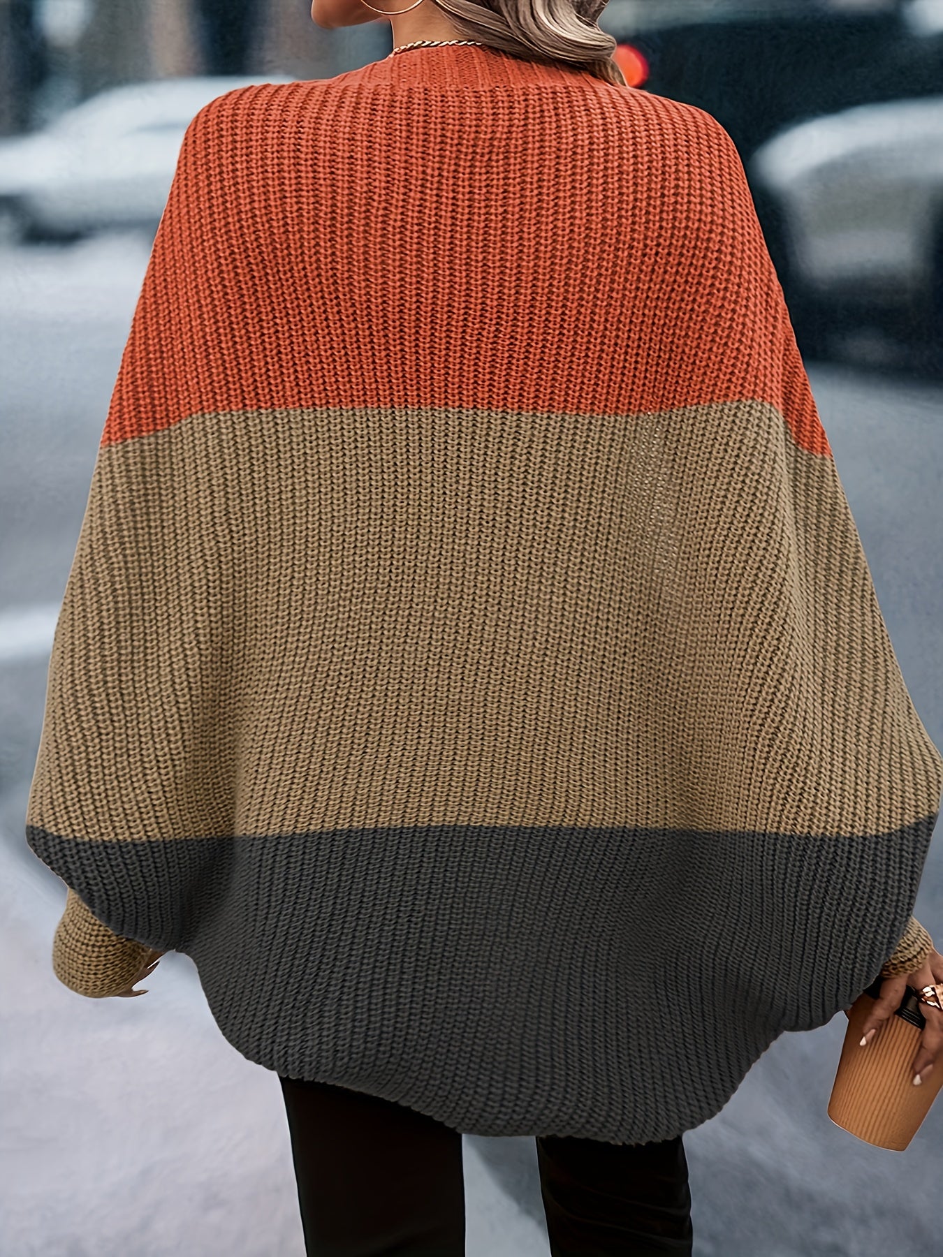 Cárdigan de punto con bloques de colores elegantes: suéter suave con mangas murciélago y frente abierto