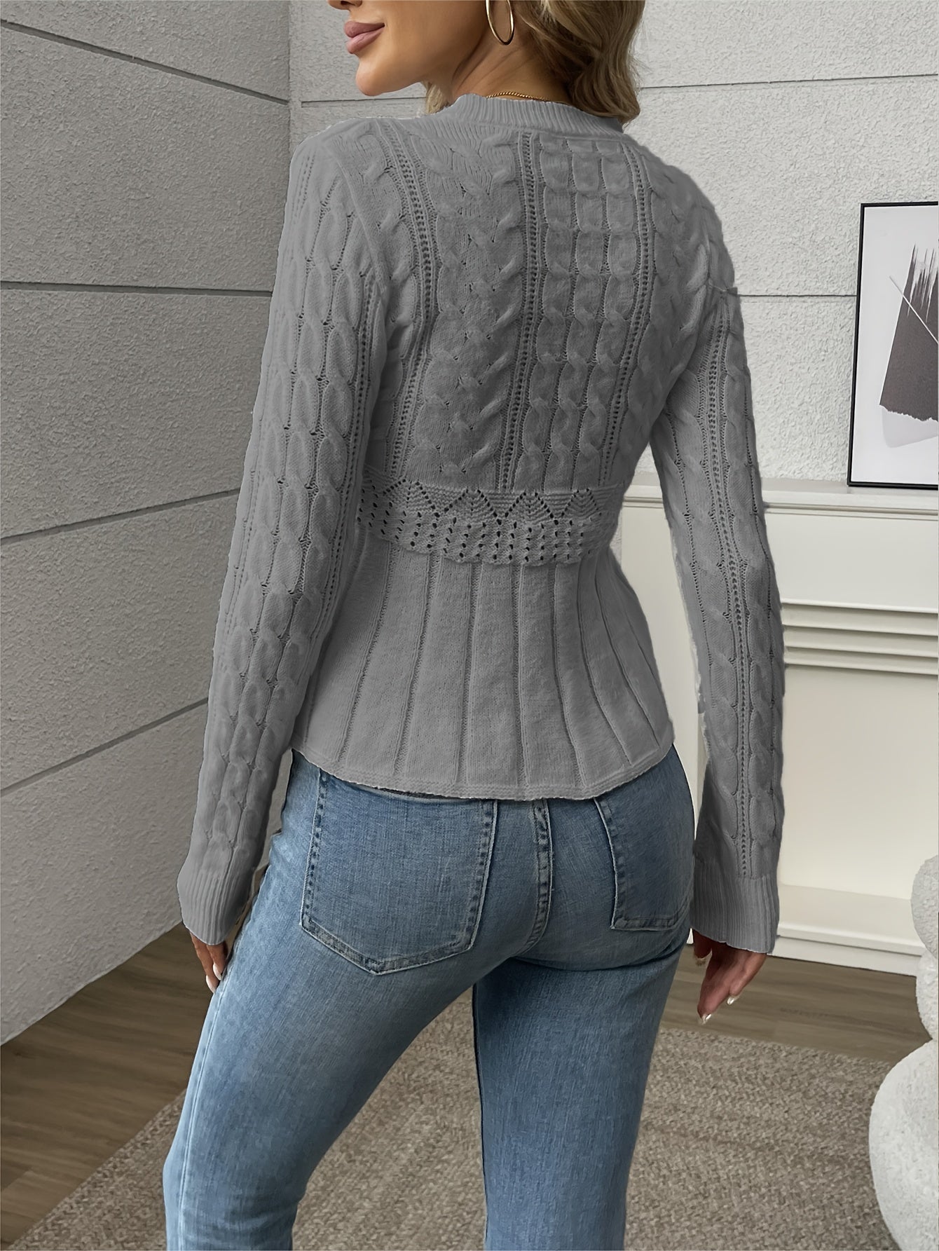Solid Pointelle Waist Cable Knit Sweater, Elegant Long Sleeve Crew Neck Cozy Knitted Sweater, Women's Clothing