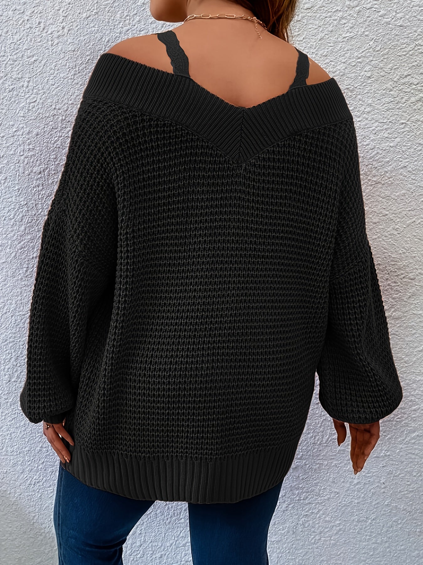 Plus Size Cold Shoulder Knitted Sweater, Elegant Long Sleeve Pullover Sweater