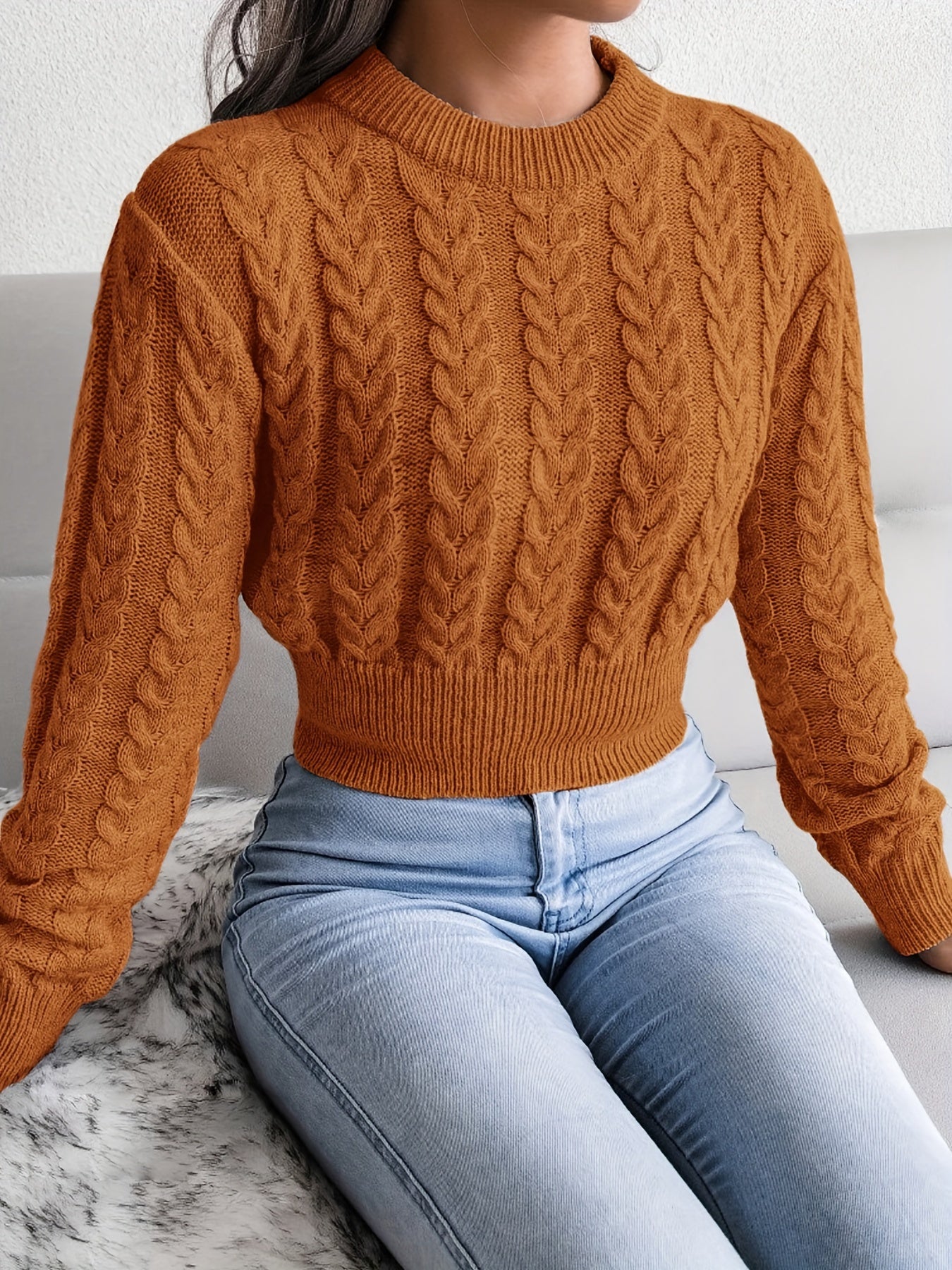 Solid Crew Neck Cable Knit Sweater, Casual Long Sleeve Pullover Sweater, Women's Clothing