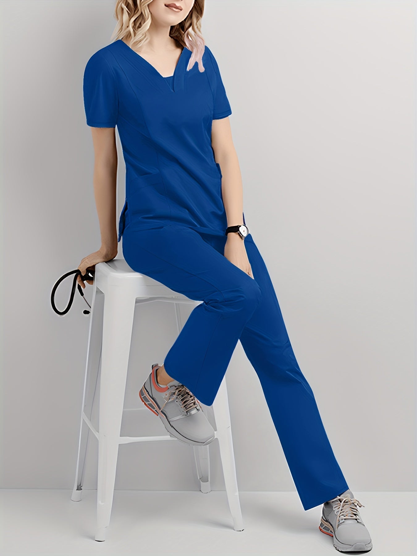 Conjunto médico de dos piezas con cuello en V, manga corta y pantalones elásticos, cómodo y de ajuste cómodo para mujeres | Uniformes médicos duraderos y de fácil cuidado para profesionales de la salud