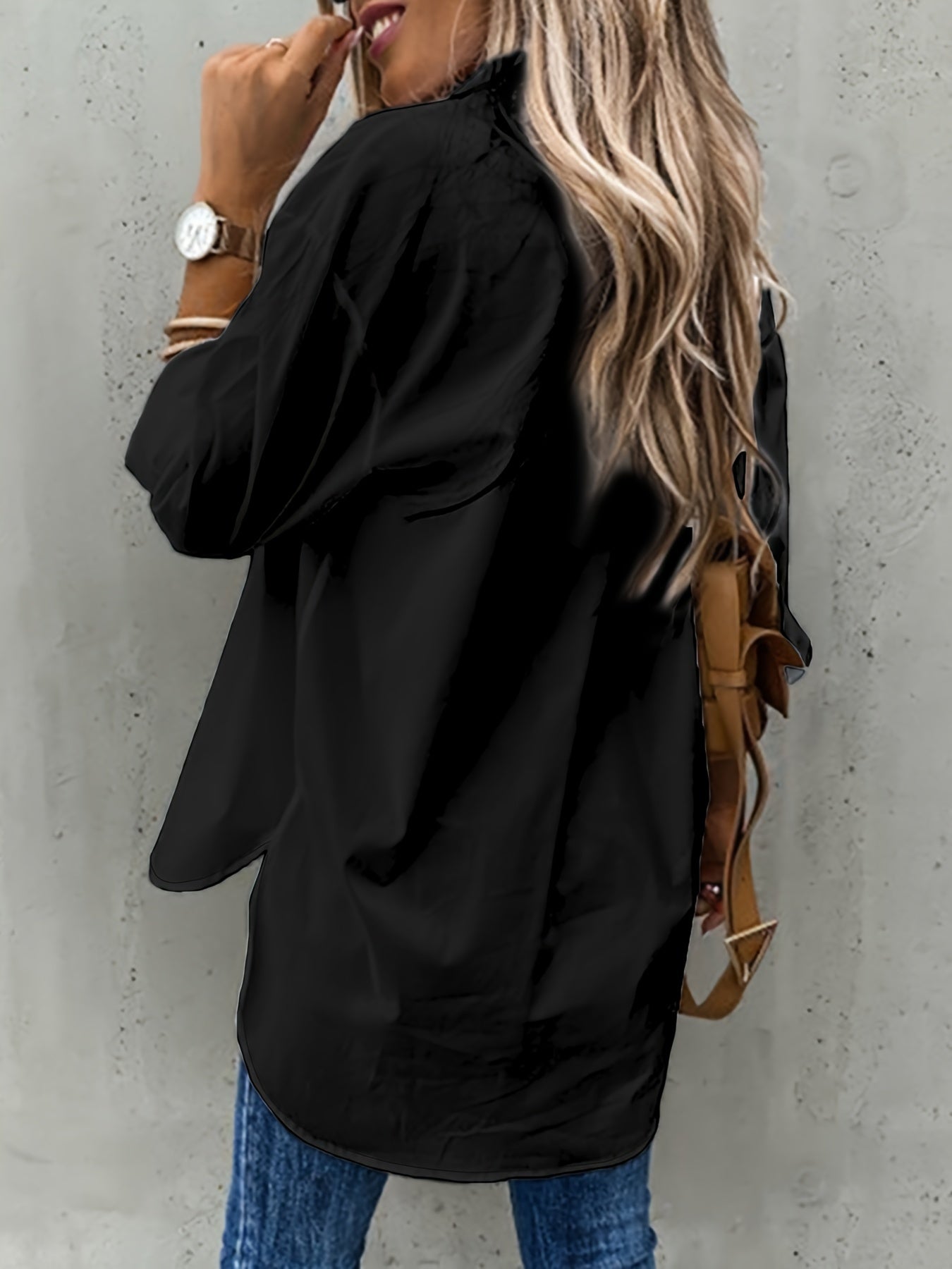 Camisa de mujer con cuello de solapa y manga larga, tejido de poliéster microelástico suave, semitransparente, detalle de bolsillo, ropa informal para todas las estaciones para la oficina y la vida diaria