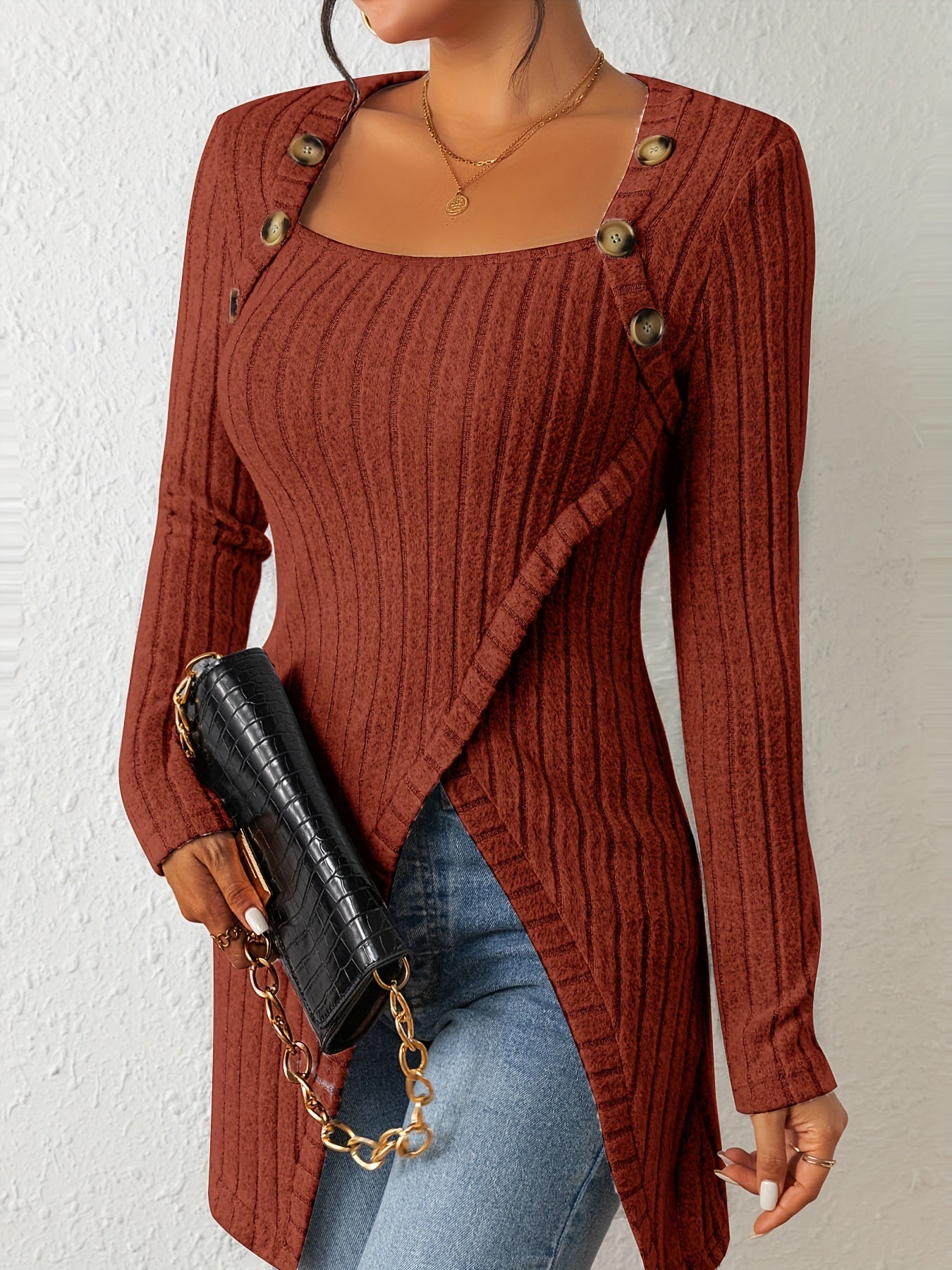 Chic Ribbed Long Sleeve Top with Unique Button Accent - Asymmetrical Hem - Perfect for Womens Spring & Fall Fashion
