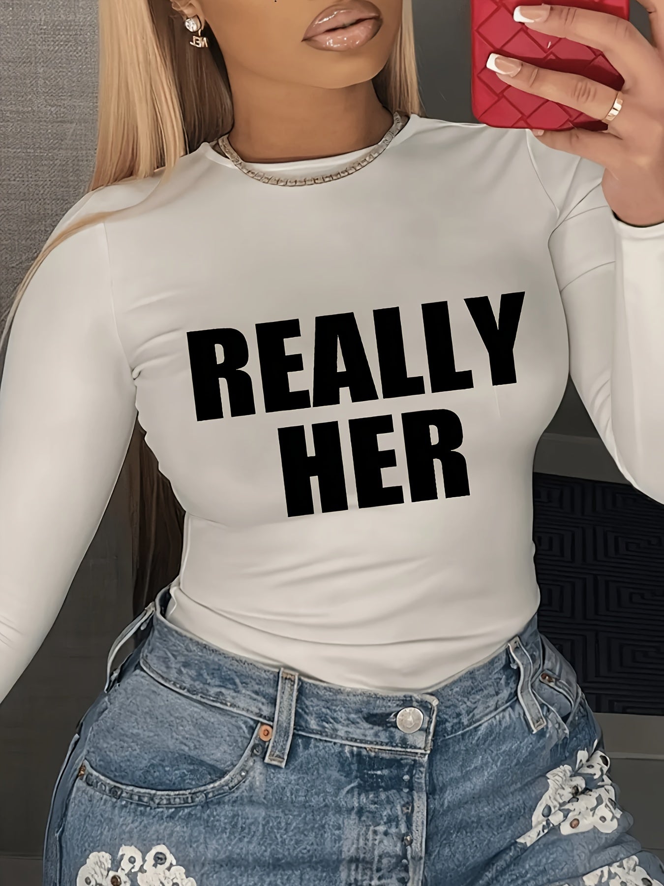 Letter Print Crew Neck T-shirt, Y2K Long Sleeve Top For Spring & Fall, Women's Clothing