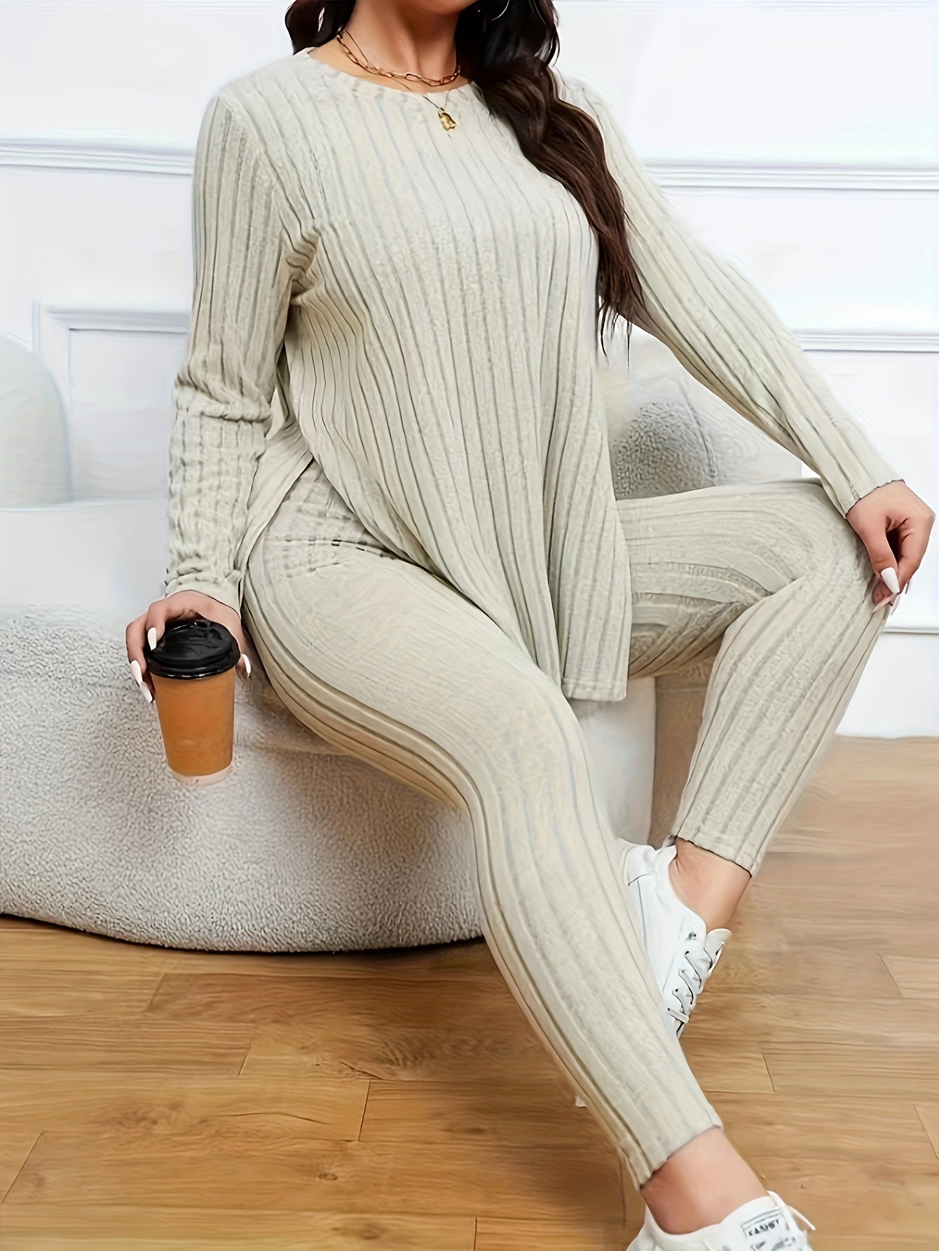 Plus Size Solid Ribbed Two-Piece Set - Soft Crew Neck Long Sleeve Split Top & Comfortable Pants Outfit