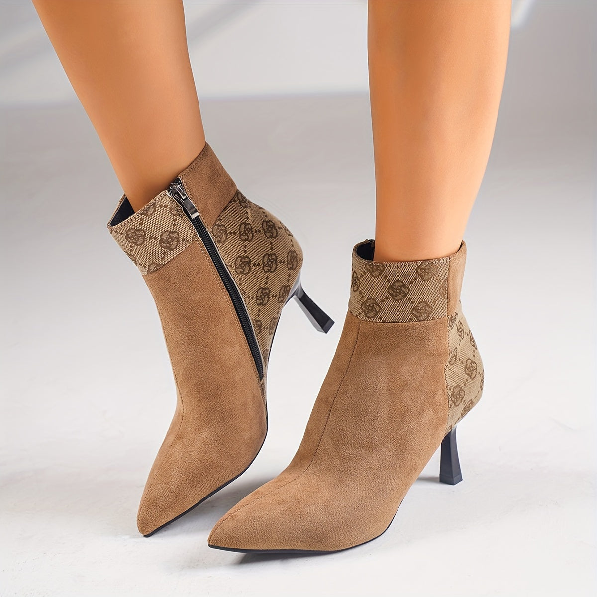 Stylish Patchwork Stiletto Boots for Women - Side Zipper, Pull-On Design, Pointed Toe, Banquet-Ready, Elegant Heel, Comfortable Fit