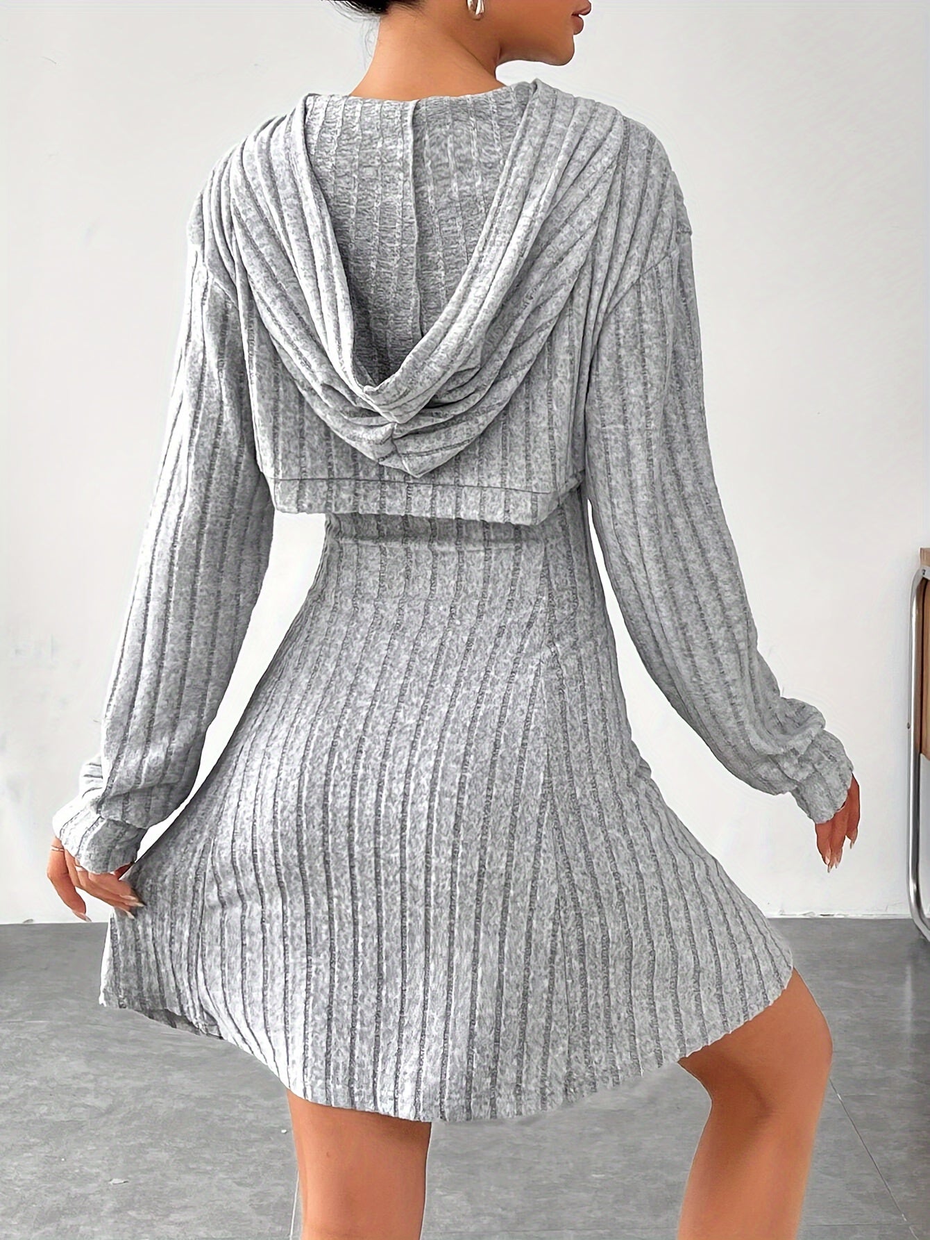 Conjunto de vestido elegante con peplum acanalado, top corto con capucha de manga larga y vestido de tirantes sin mangas con escote cuadrado, ropa de mujer
