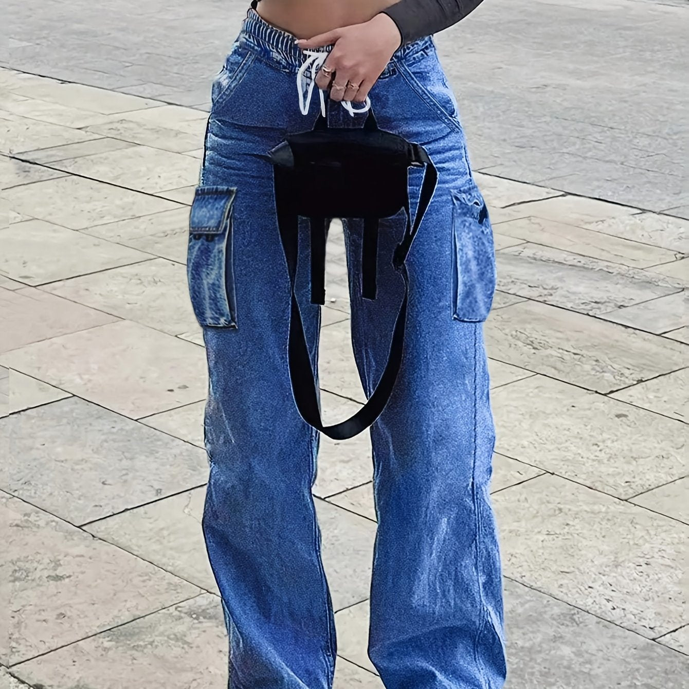 Waist Drawstring Women'S Loose Denim Straight Leg Pants, Mid Waistband Pocket, Comfortable And Versatile