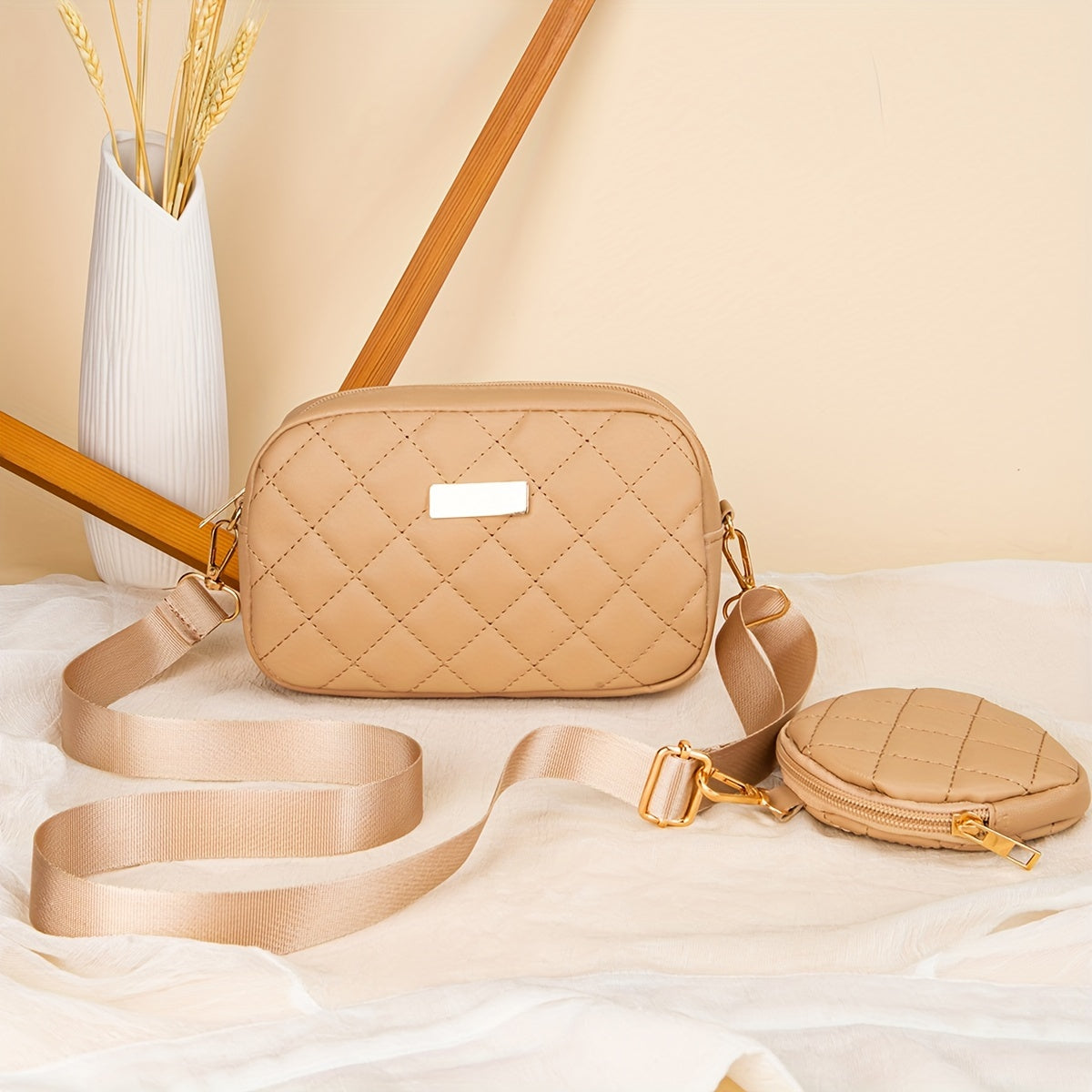 Elegante conjunto de 2 piezas: elegante bolso bandolera acolchado con monedero a juego, correa ajustable, cierre de cremallera, piel sintética ligera