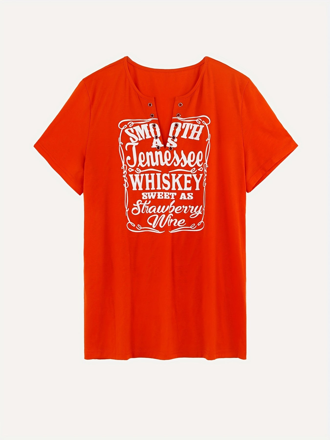 Plus Size Women's Relaxed Fit V Neck Casual T-Shirt - Soft Slight Stretch Fabric, Short Sleeve, Grommet Detail, Slogan Print, Comfortable and Breathable - Perfect for Everyday Wear