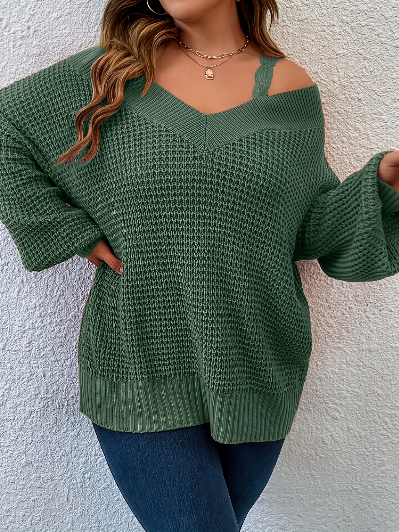 Plus Size Cold Shoulder Knitted Sweater, Elegant Long Sleeve Pullover Sweater