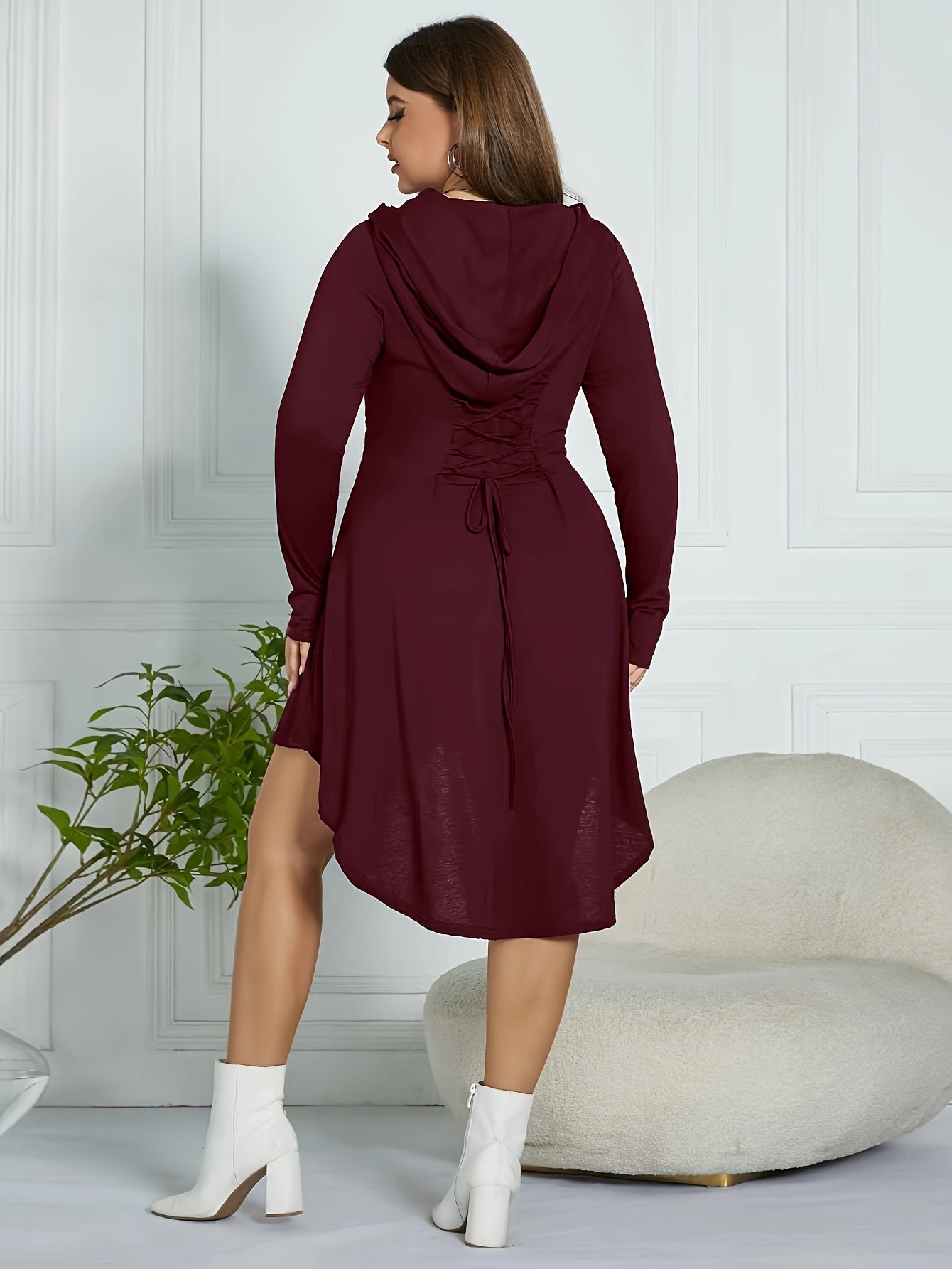 Plus Size Lace Up Dress, Solid Hooded Long Sleeve Dress For Spring, Women's Plus Size Clothing