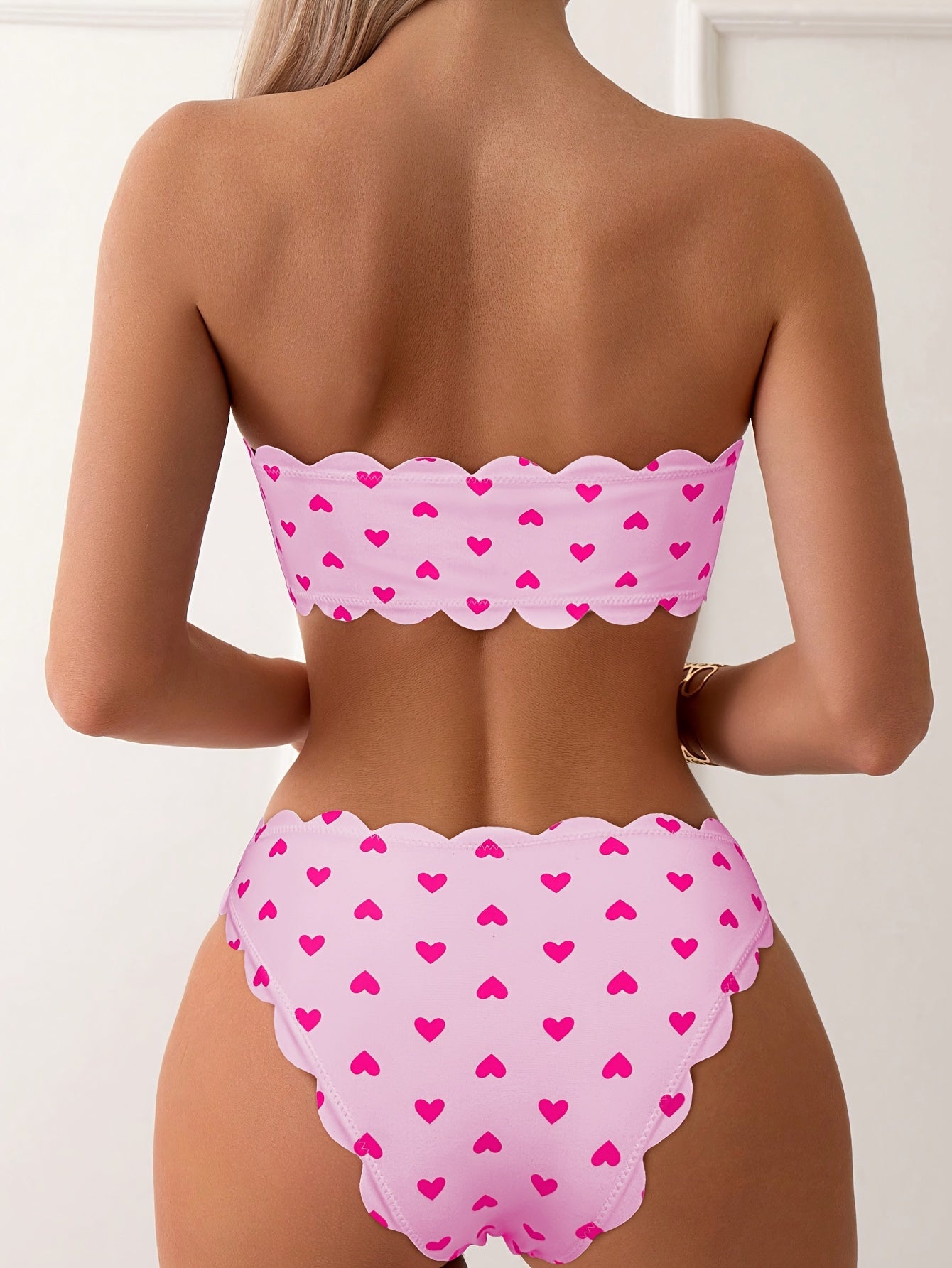 Heart Pattern Bandeau 2 Piece Set Bikini, Tube Top Scallop Trim Tie Front High Cut Swimsuits - Polyester & Spandex
