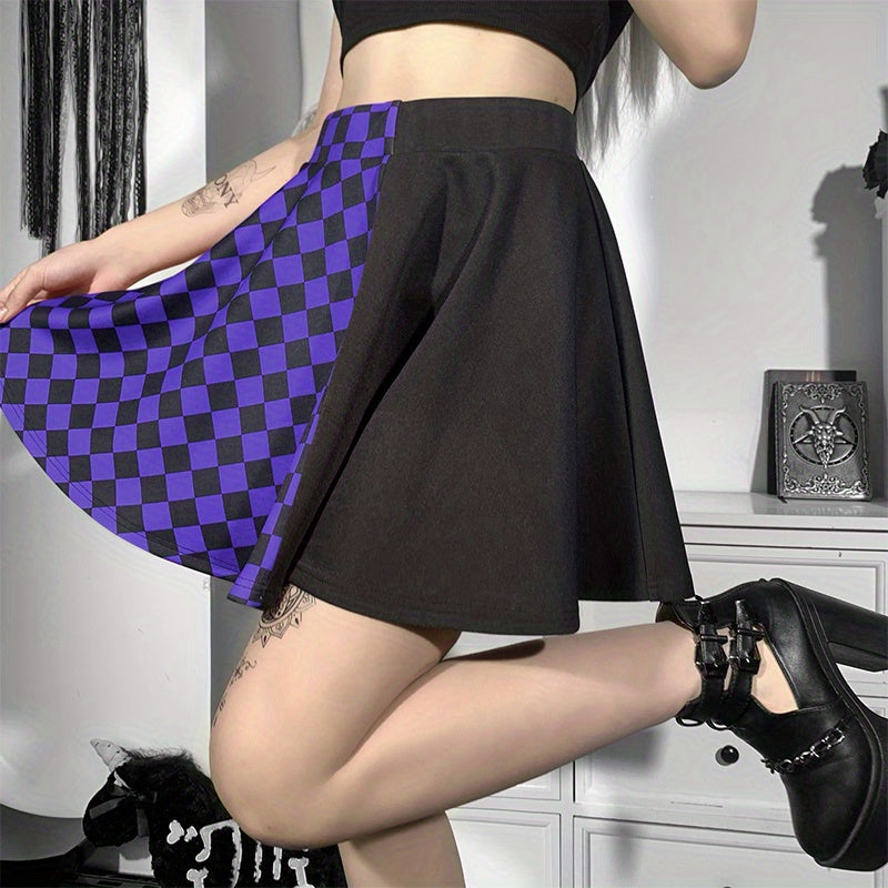 Chessboard Print Splicing Skirt, Gothic Ruched Punk Mini Skirt Without Belt, Women's Clothing