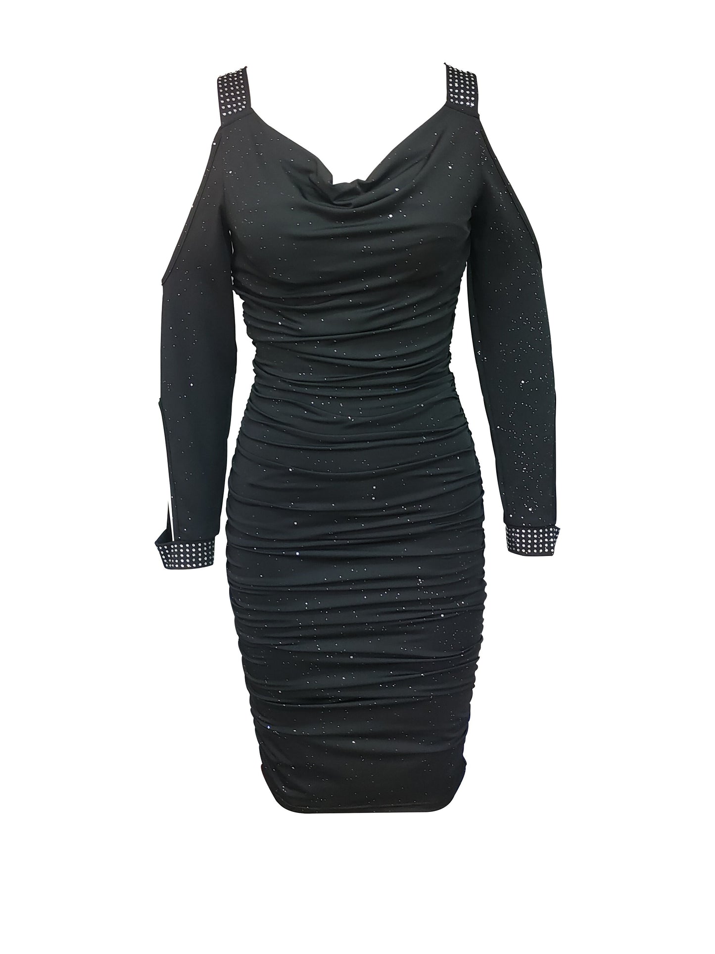 Impresionante vestido ajustado fruncido de talla grande: escote vuelto favorecedor, aberturas, manga larga, estilo informal: ropa de moda de talla grande para mujer para uso diario