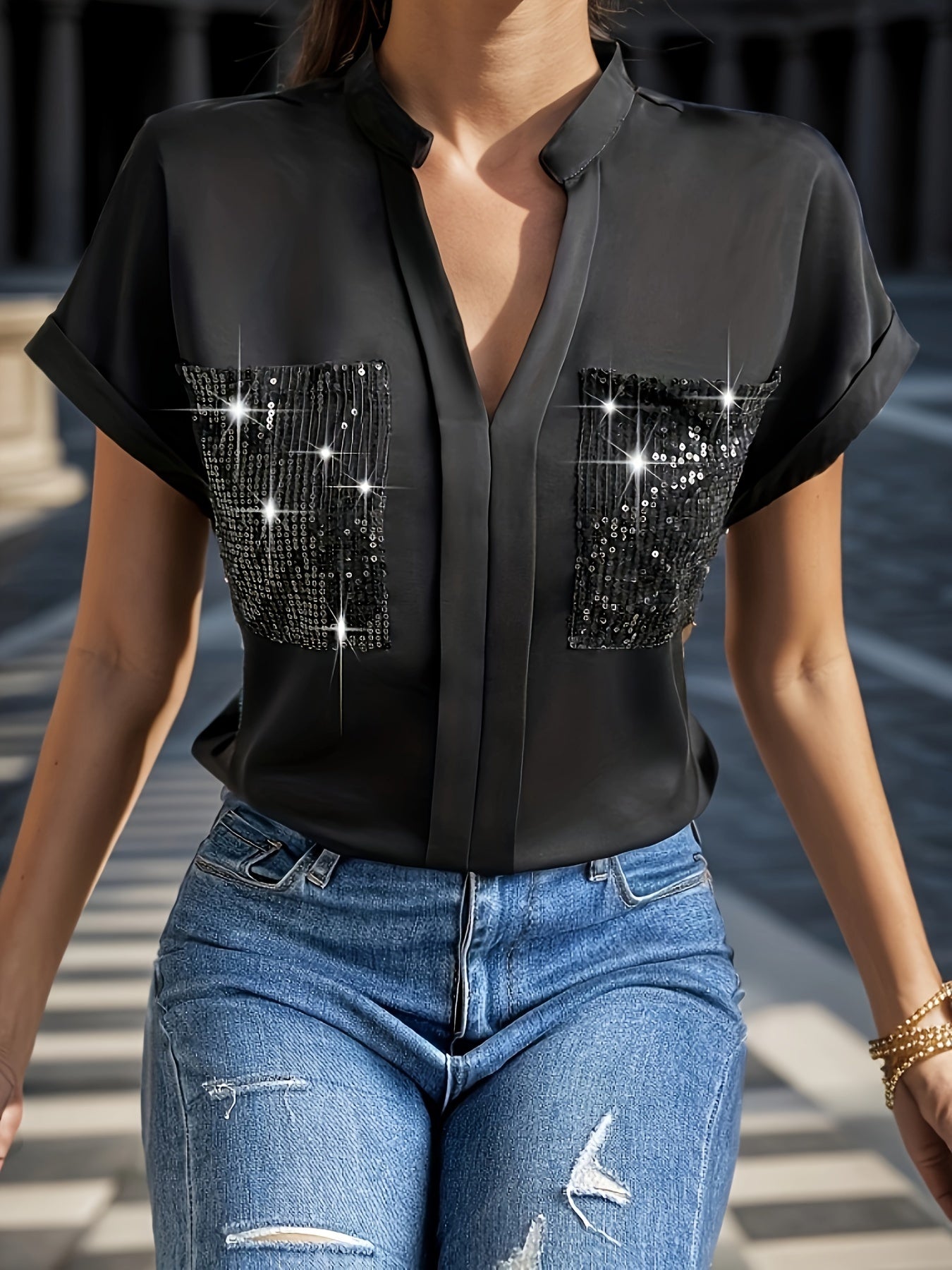 Vibrant Sequined Blouse - Chic Notched Neck, Flowy Batwing Sleeves, Effortlessly Casual Style - Ideal for Spring and Summer, Womens Comfortable Clothing for Outdoor Activities