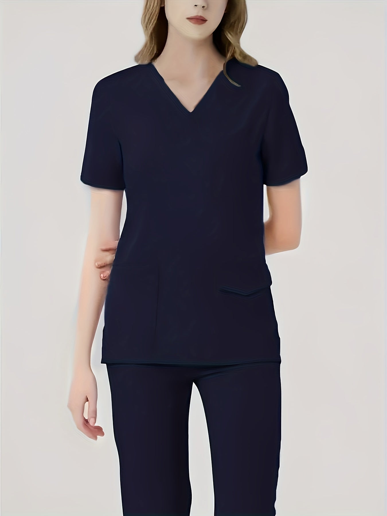 Ultra-Soft Womens Two-Piece Health Care Uniform Set - Stylish V-Neck Top With Practical Pockets & Sleek Solid Pants - Premium Quality, Comfortable Everyday Wear For Women