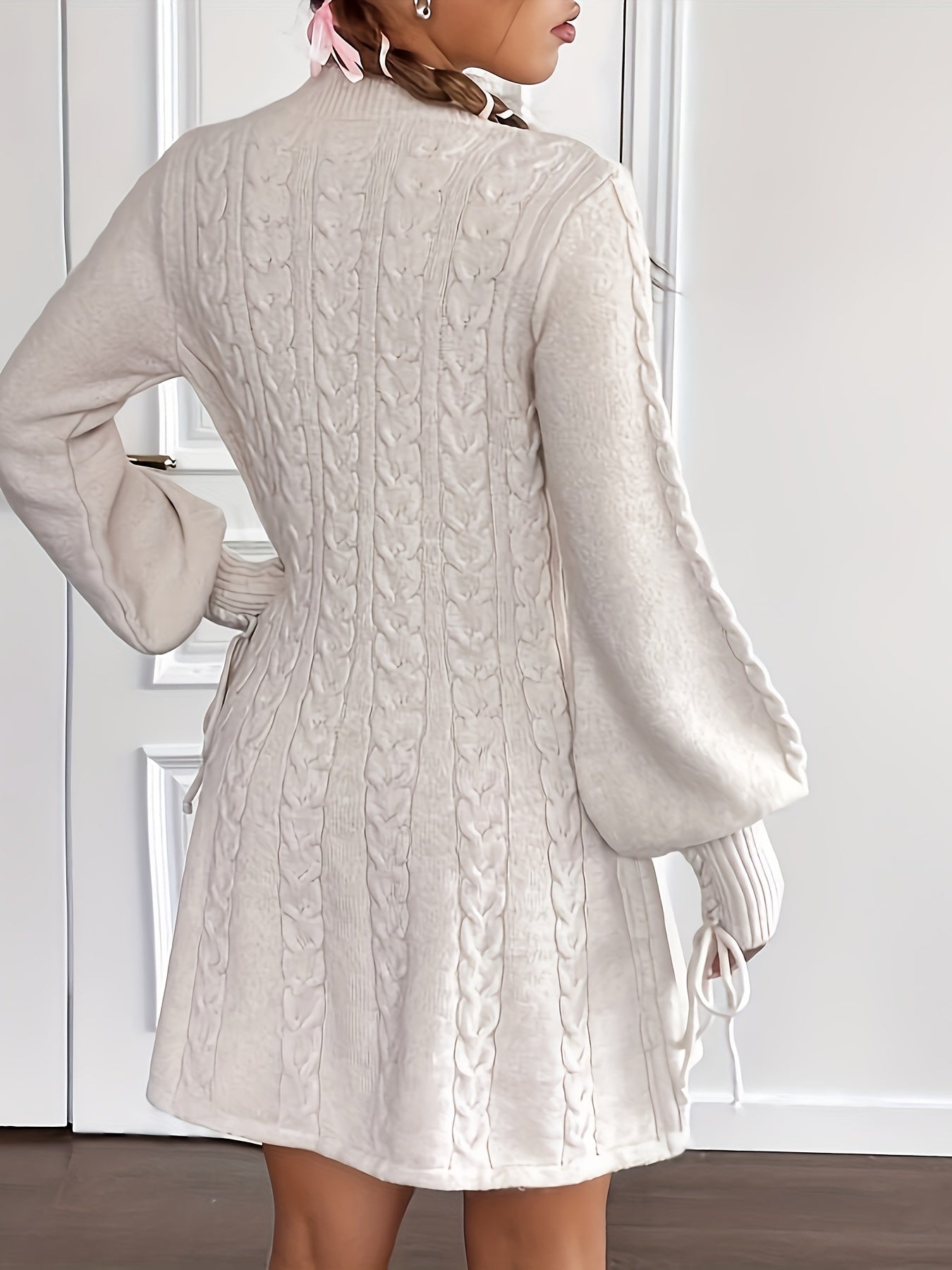 Chic Cable Knit Sweater Dress with Tie-Waist - V-Neck, Long Sleeve, Solid Color - Perfect for Fall & Winter - Women's Fashion