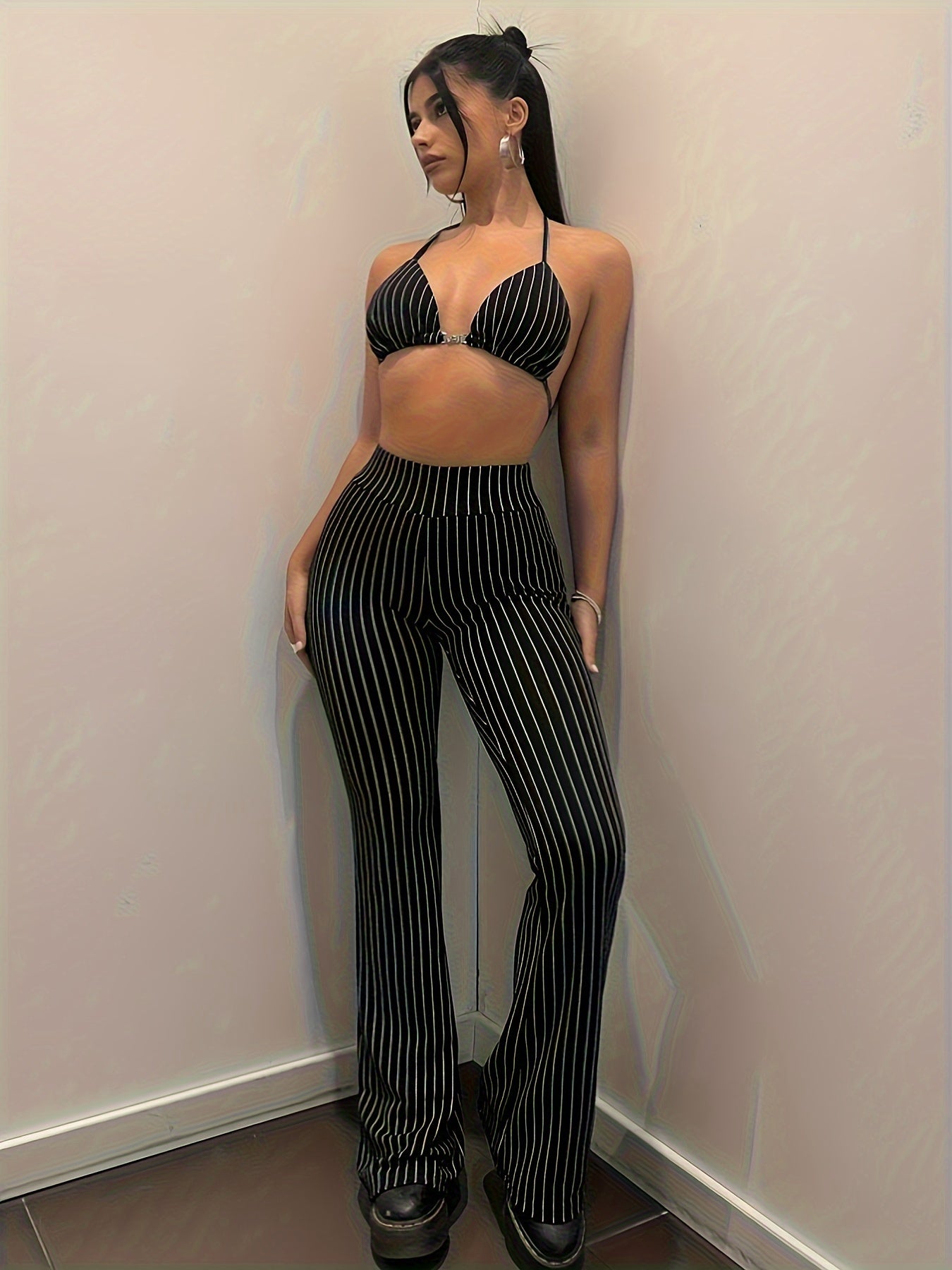 Elegant Stripe-Slim High-Waist Women's Pants - Versatile, All-Season, Easy Maintenance