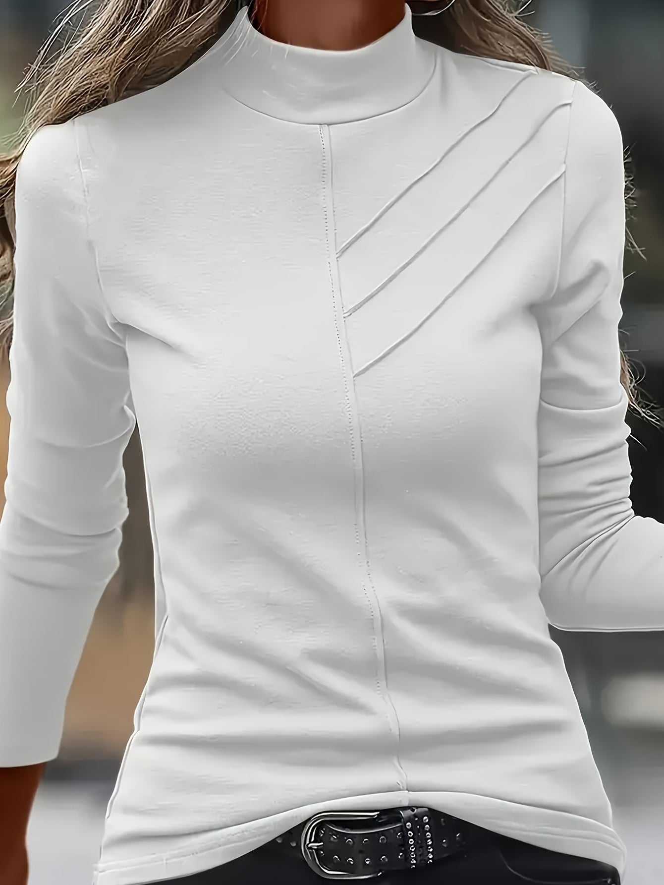 Plus Size Women's Solid Color Mock Neck Long Sleeve T-Shirt - Soft, Breathable, Casual Simple Top for Spring & Fall - Comfortable, Relaxed Fit, Easy Care, Versatile Wardrobe Essential